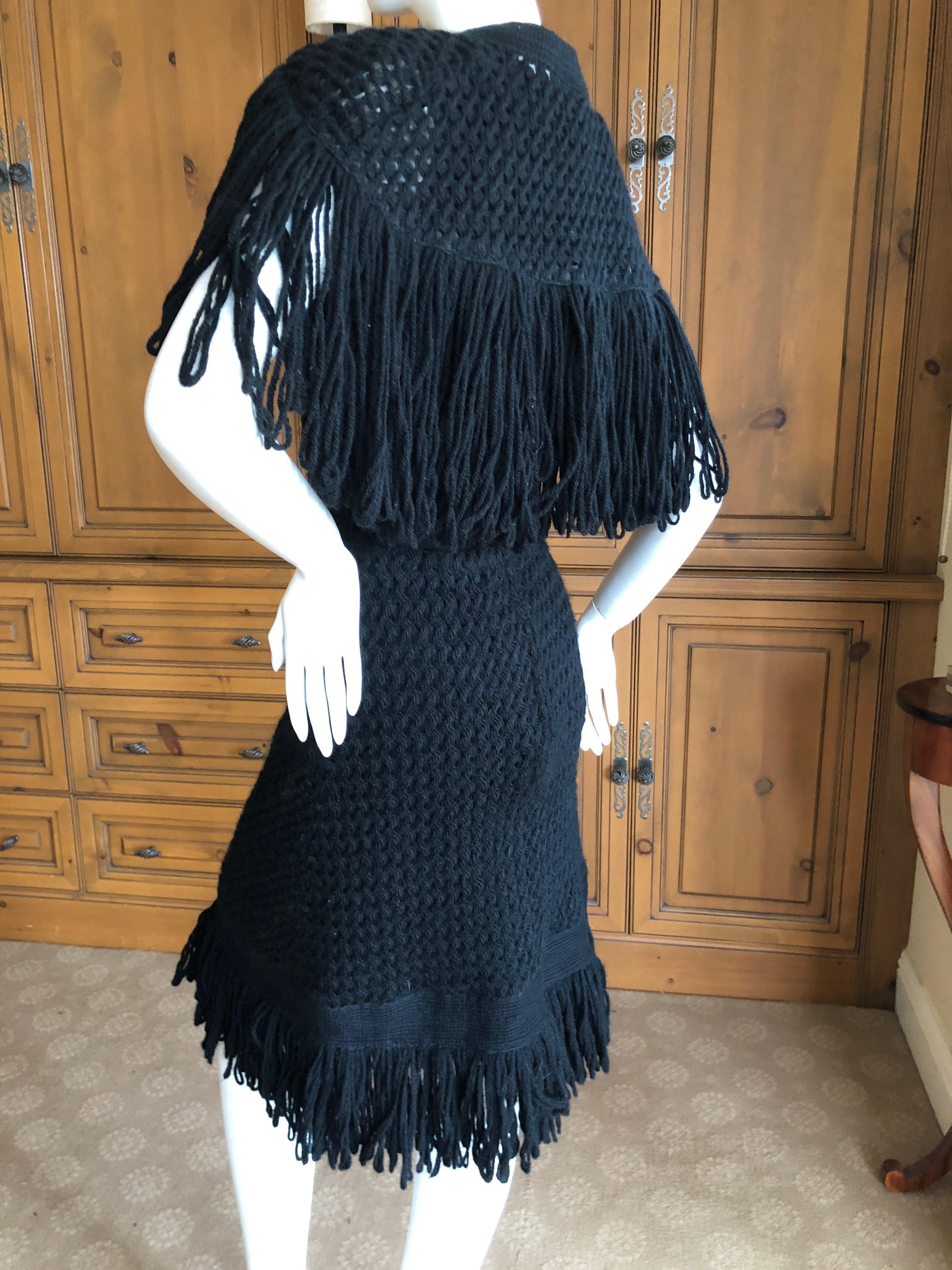 Cardinali Black Silk Lined Crochet Dress with Matching Fringed Shawl Fall 1971  For Sale 8