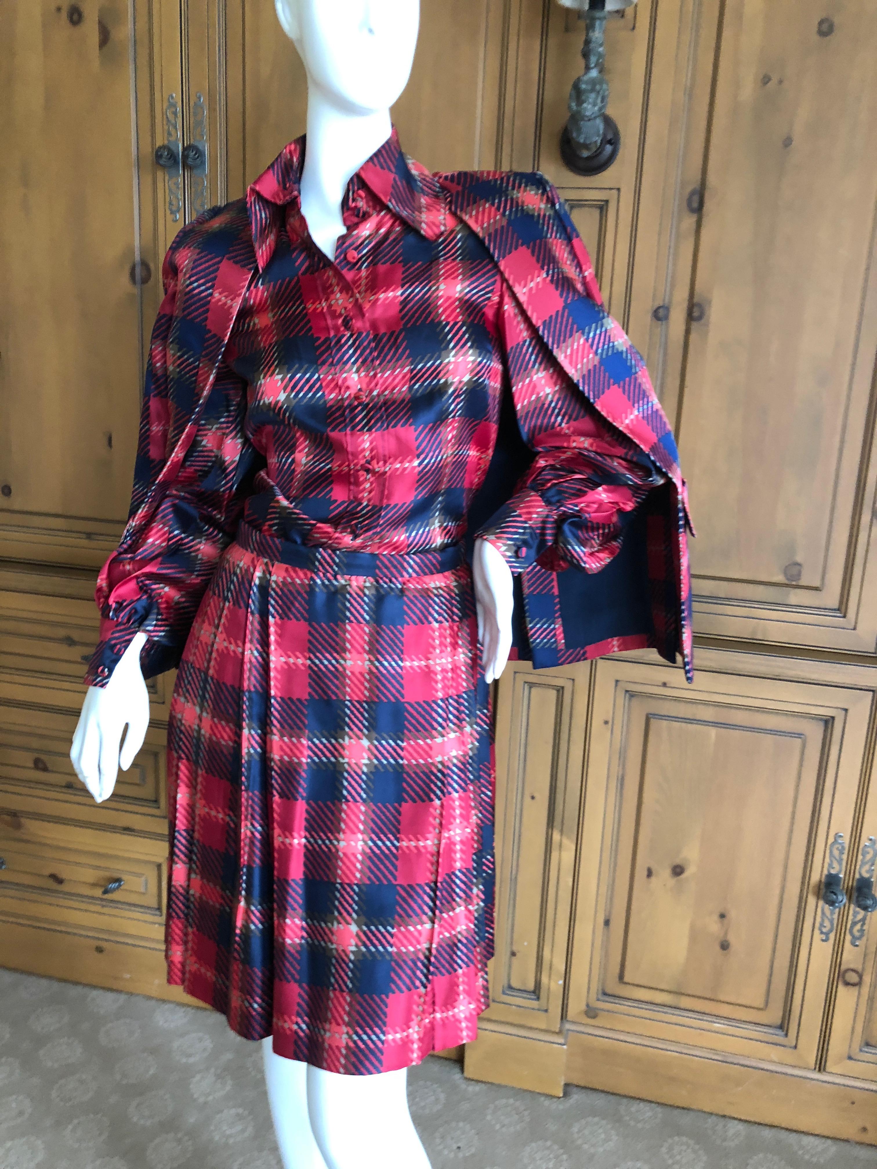 Women's Cardinali Plaid Silk Three Piece Skirt Suit with Jacket Fall 1972 For Sale