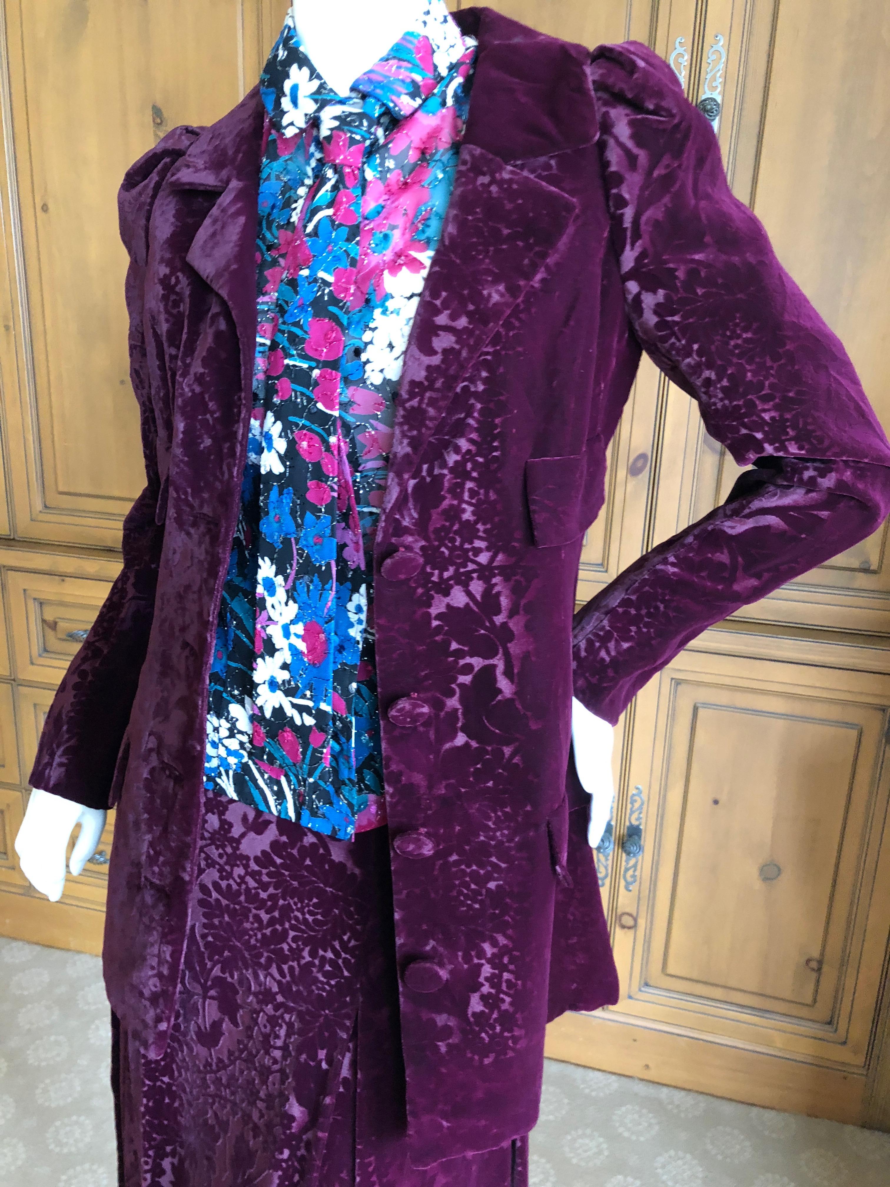 Women's Cardinali Purple Silk Devore Velvet Three Piece Skirt Suit with Jacket Fall 1972 For Sale