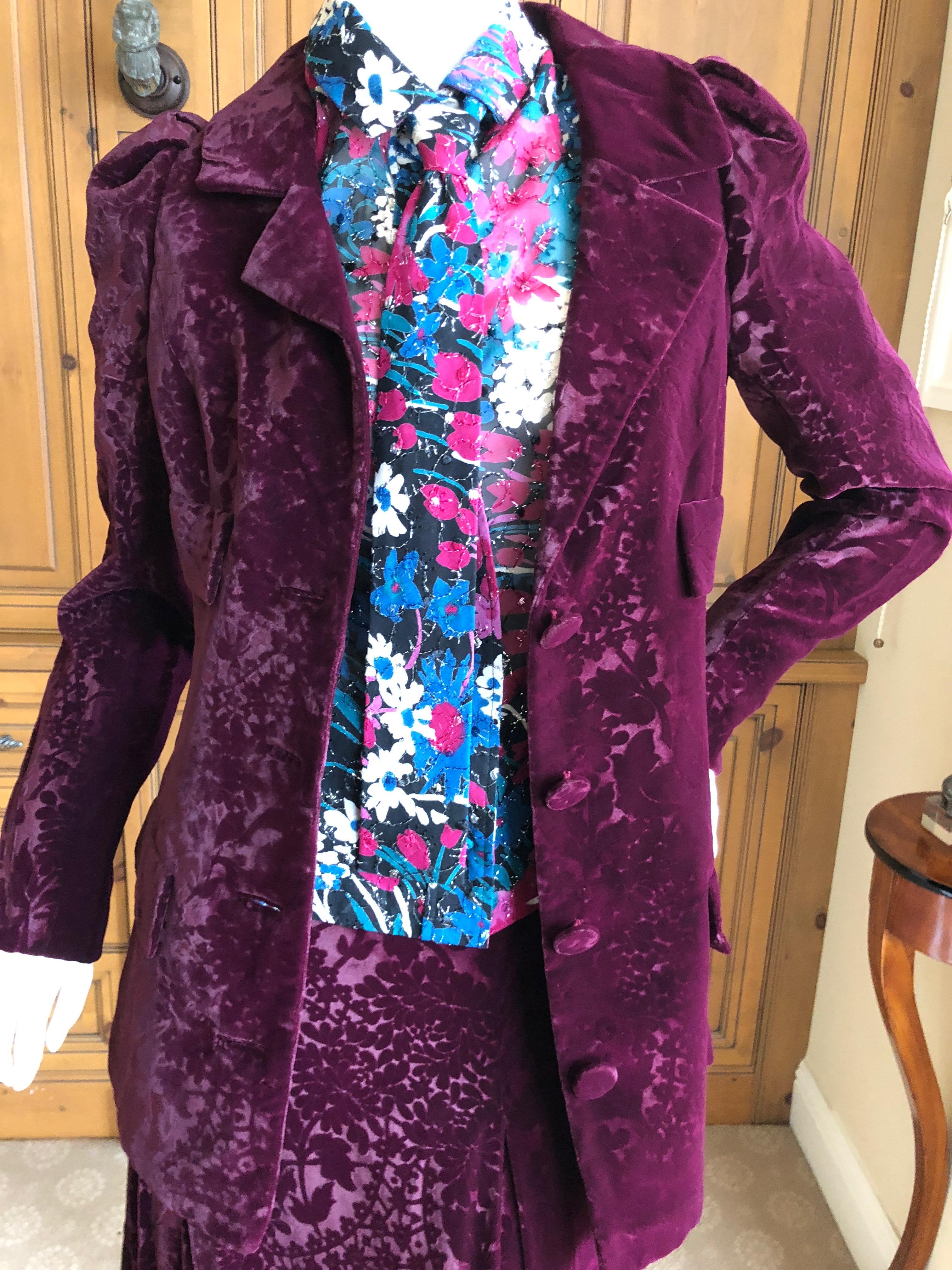 Cardinali Purple Silk Devore Velvet Three Piece Skirt Suit with Jacket Fall 1972 For Sale 1