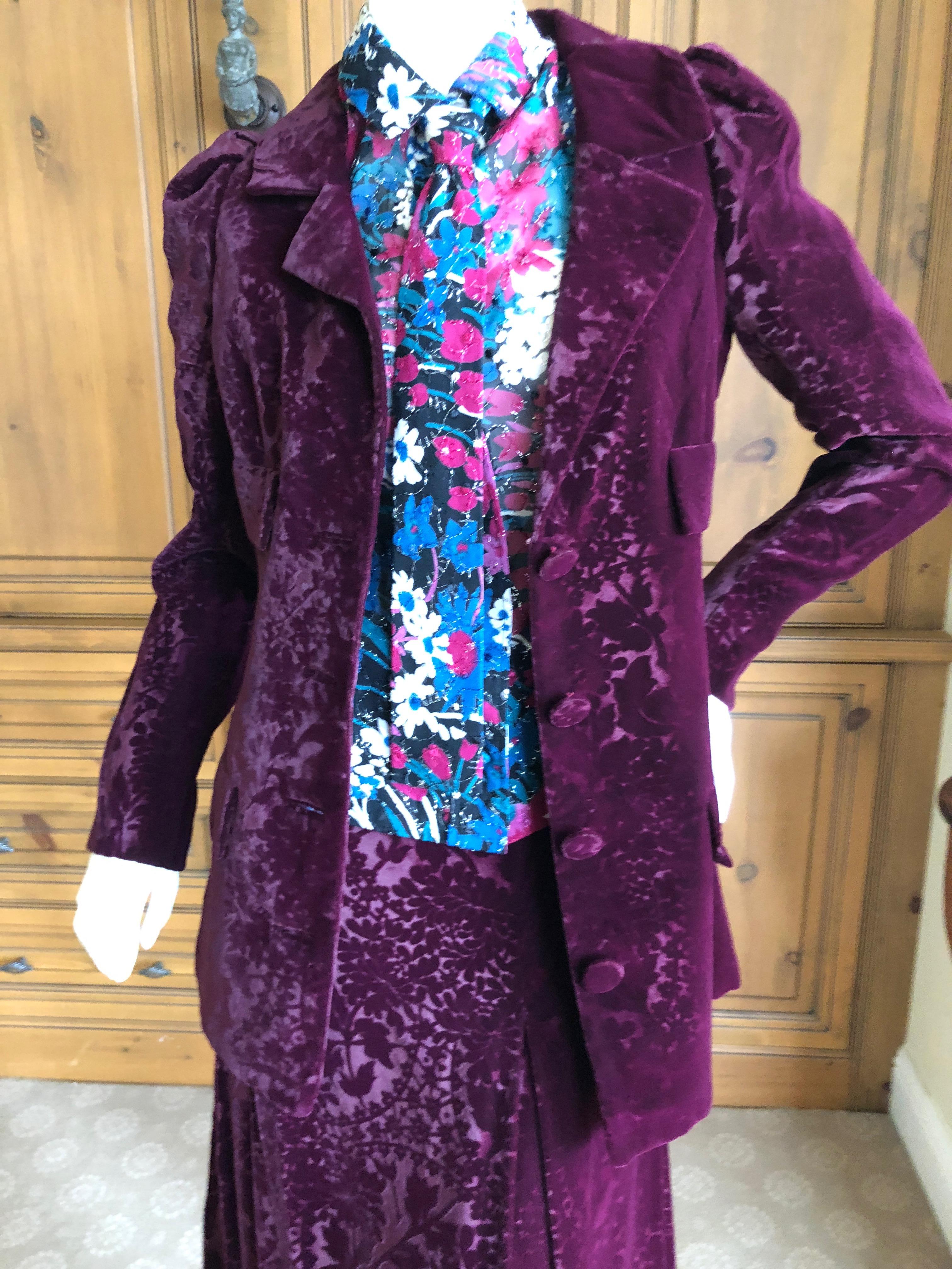 Cardinali Purple Silk Devore Velvet Three Piece Skirt Suit with Jacket Fall 1972 For Sale 2