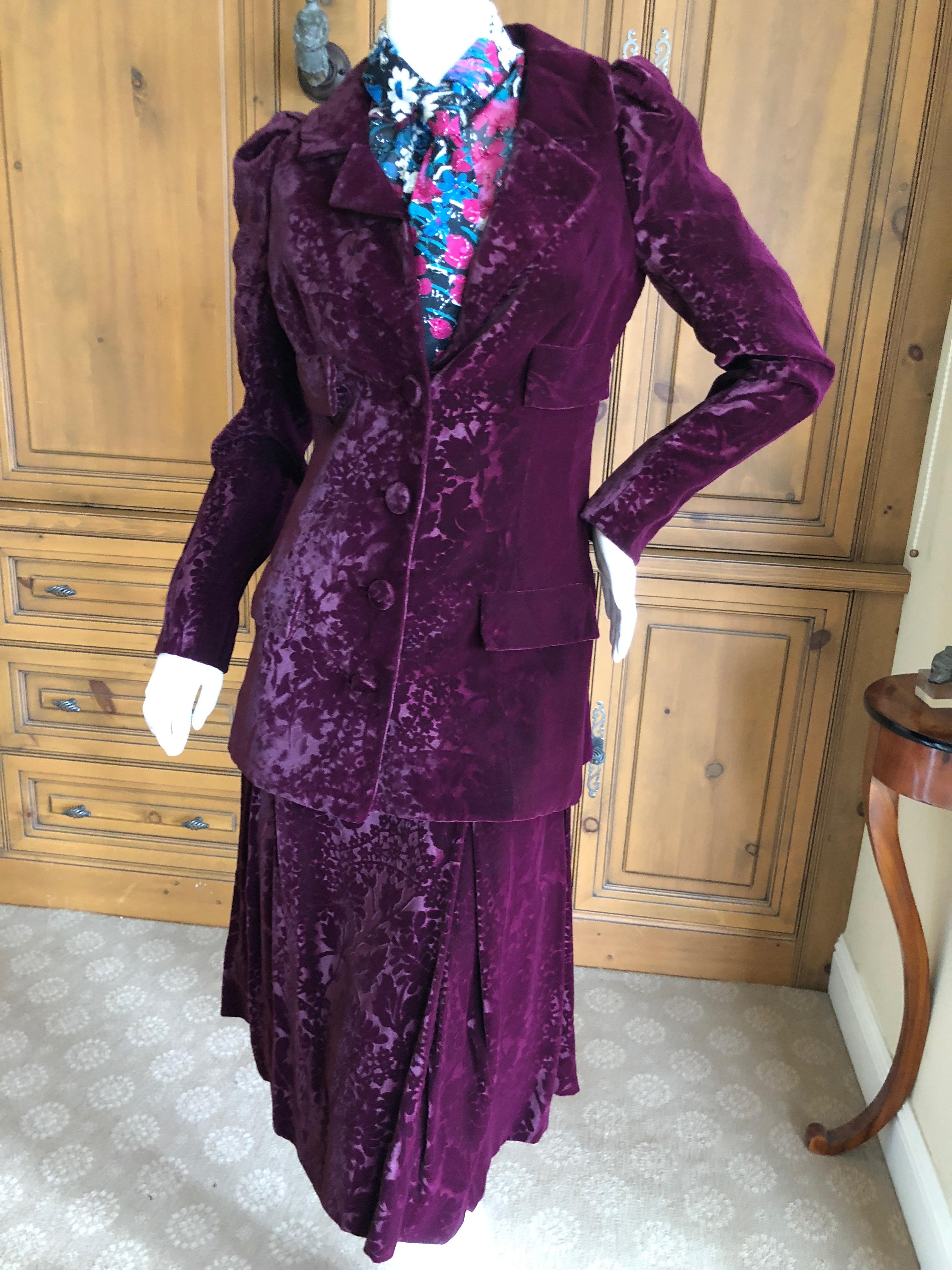Cardinali Purple Silk Devore Velvet Three Piece Skirt Suit with Jacket Fall 1972 For Sale 3