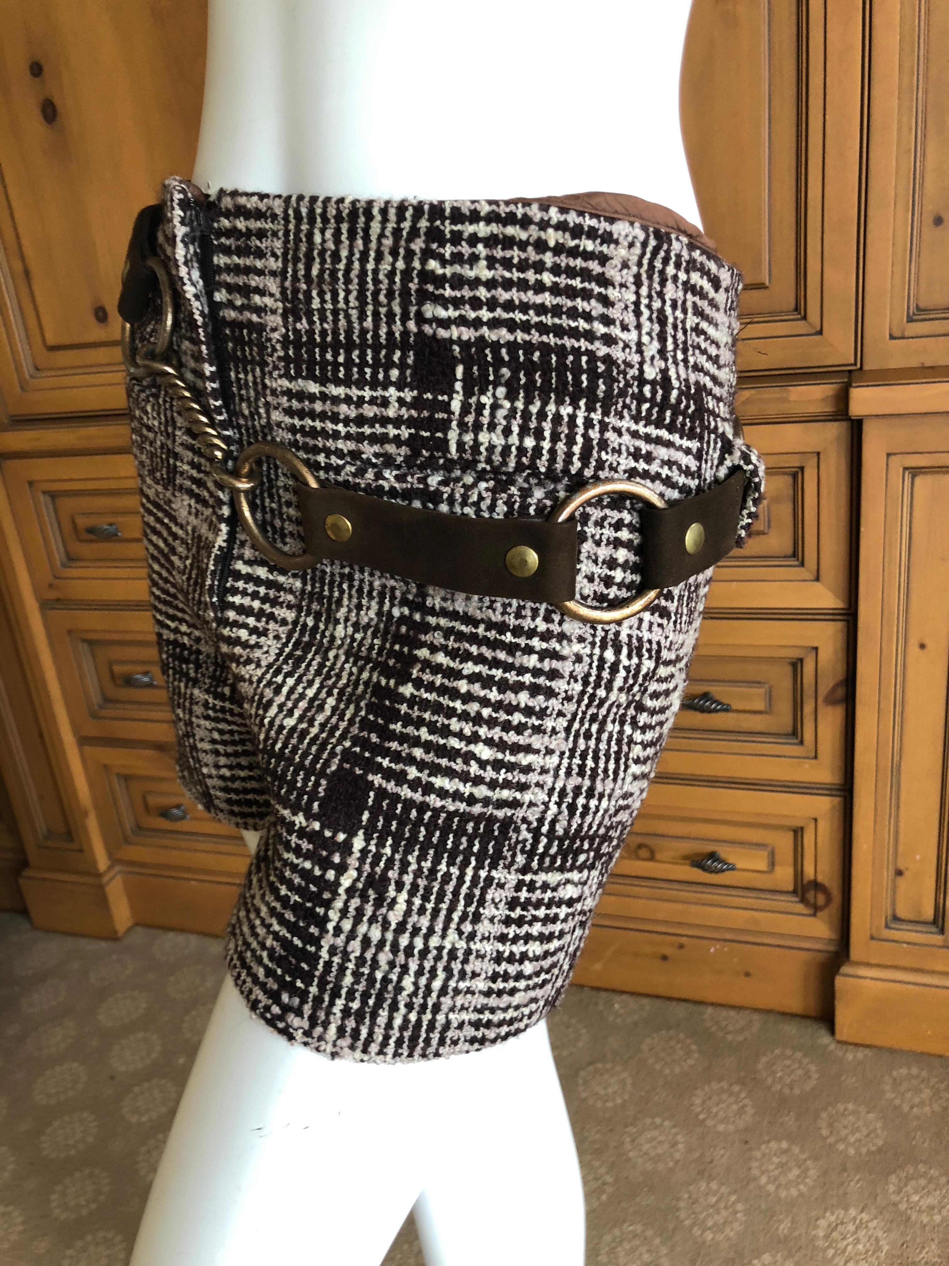 Women's Cardinali Silk Lined Plaid Tweed Hot Pants w Bold Brass Hardware Leather Belt  For Sale