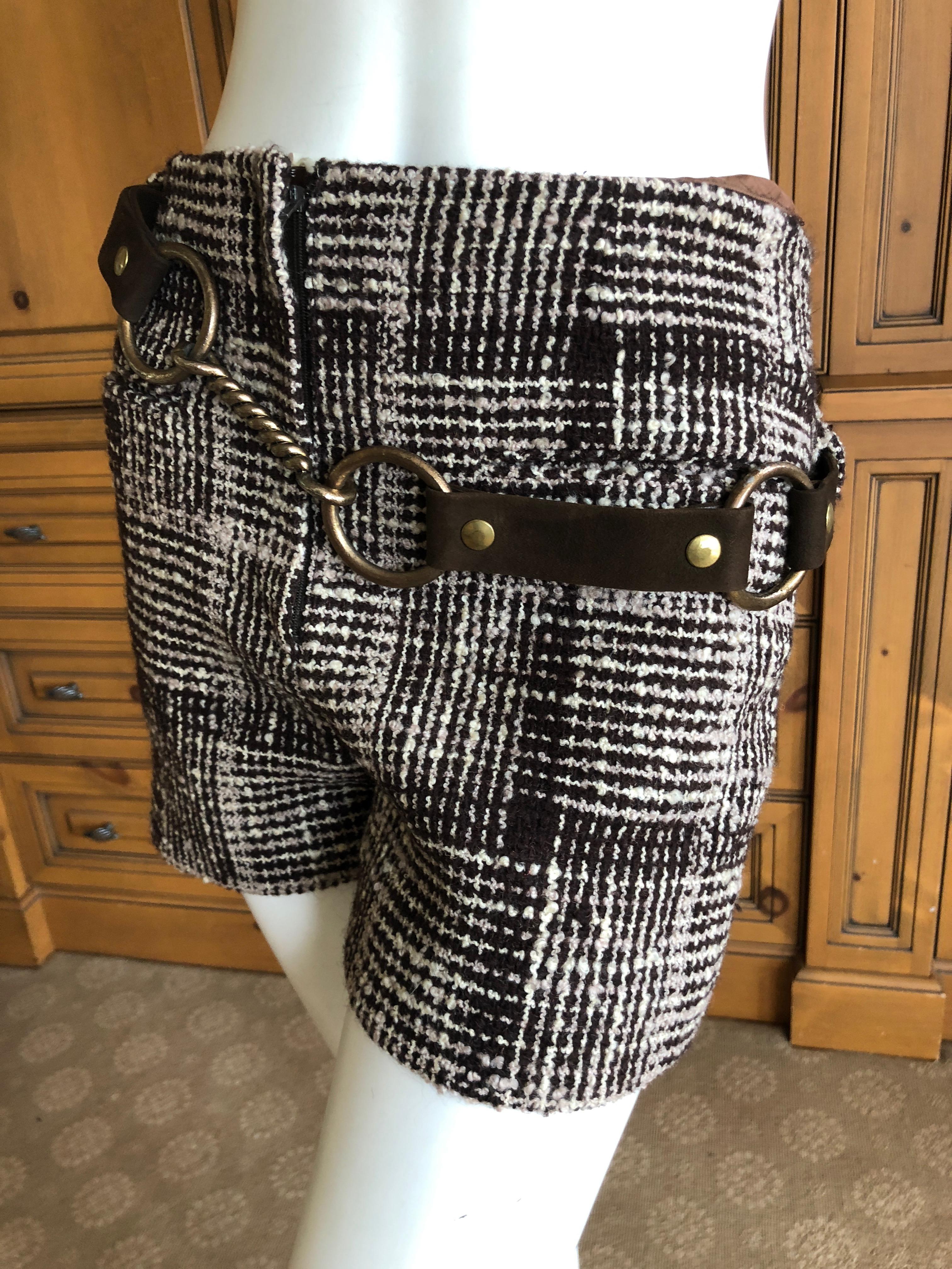 Cardinali Silk Lined Plaid Tweed Hot Pants w Bold Brass Hardware Leather Belt  For Sale 2