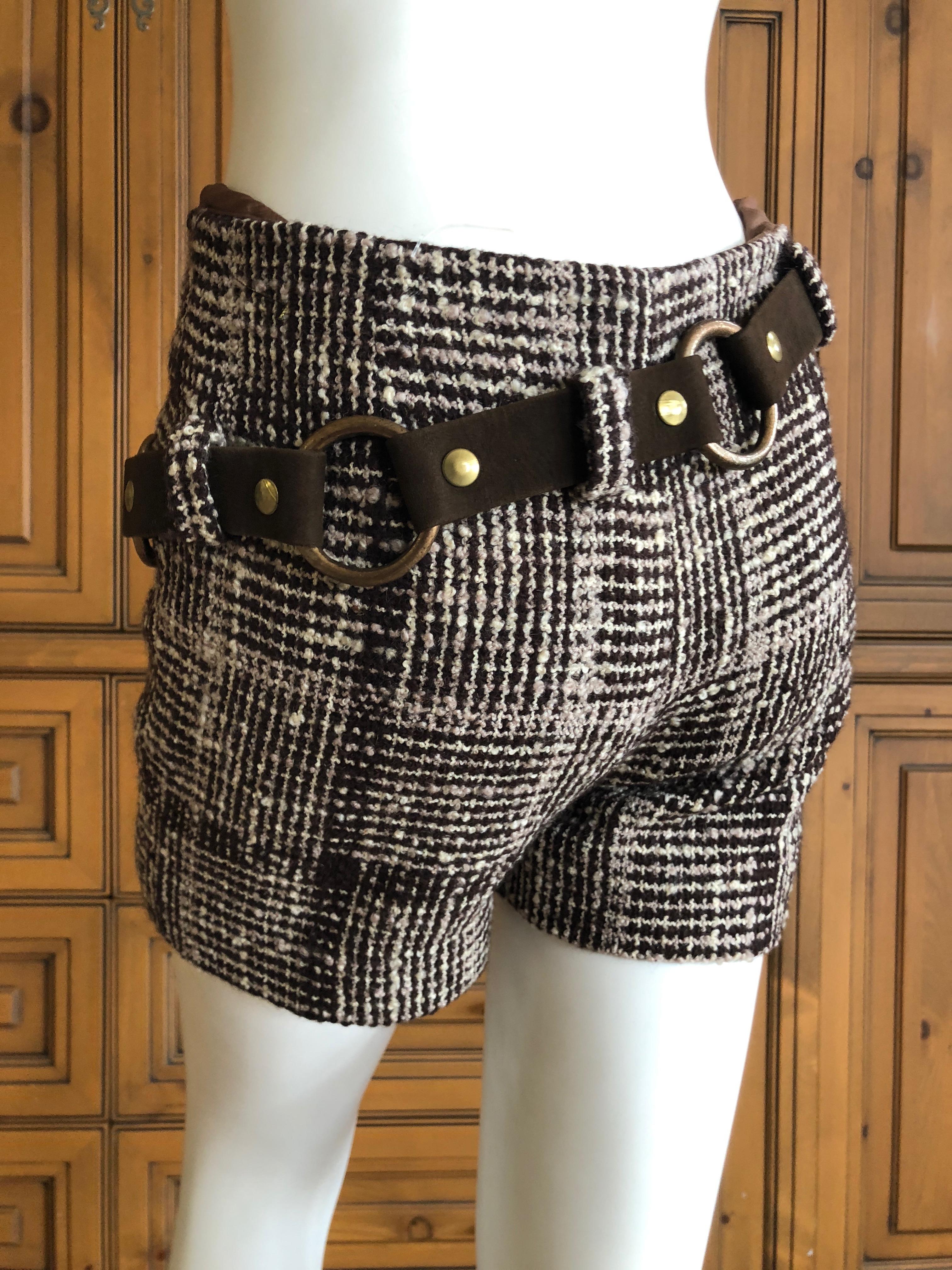 Cardinali Silk Lined Plaid Tweed Hot Pants w Bold Brass Hardware Leather Belt  For Sale 3