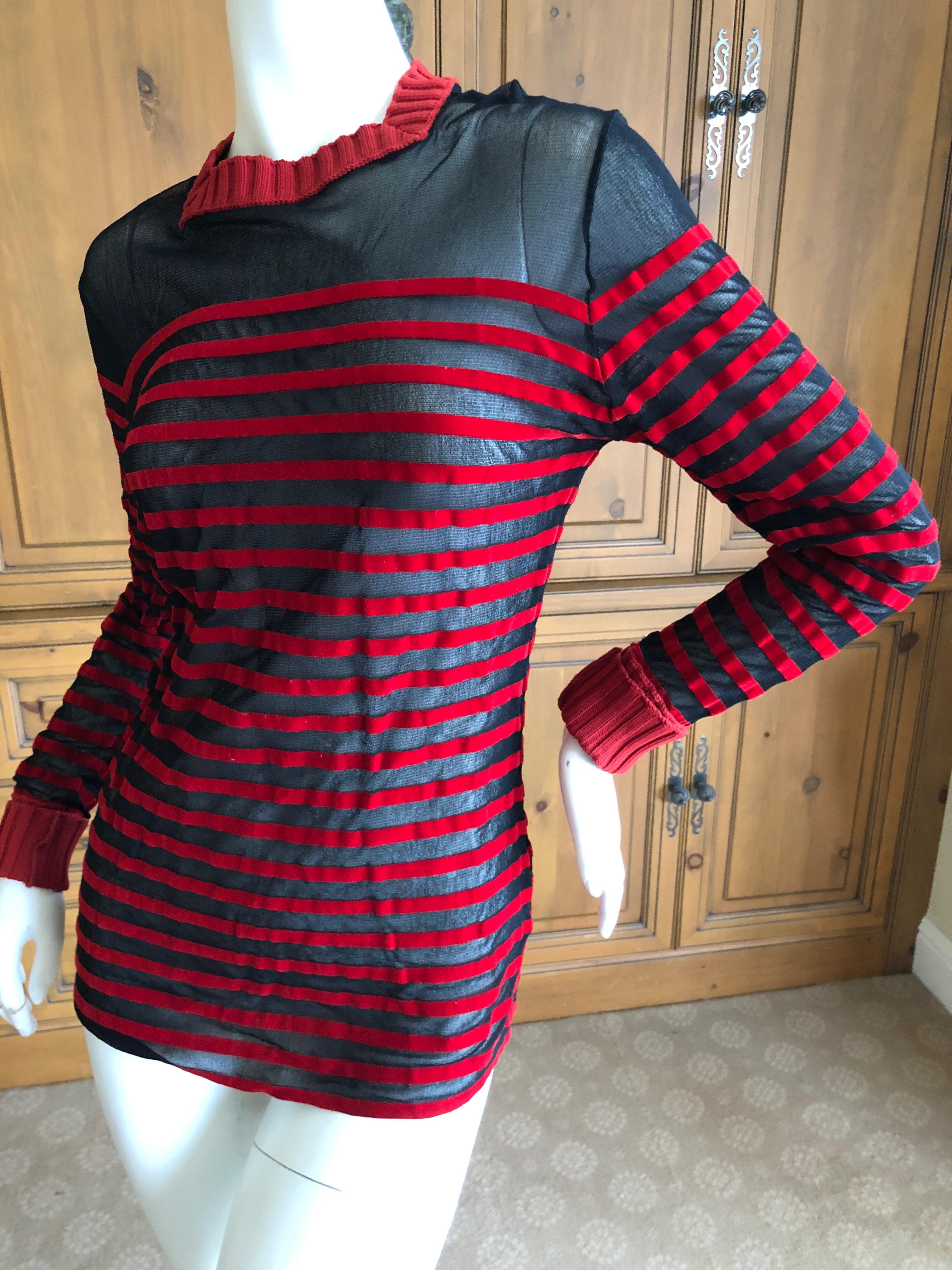 Jean Paul Gaultier Classique 1998 Sheer Velvet Stripe Sailor Shirt w Knit Detail In Excellent Condition For Sale In Cloverdale, CA