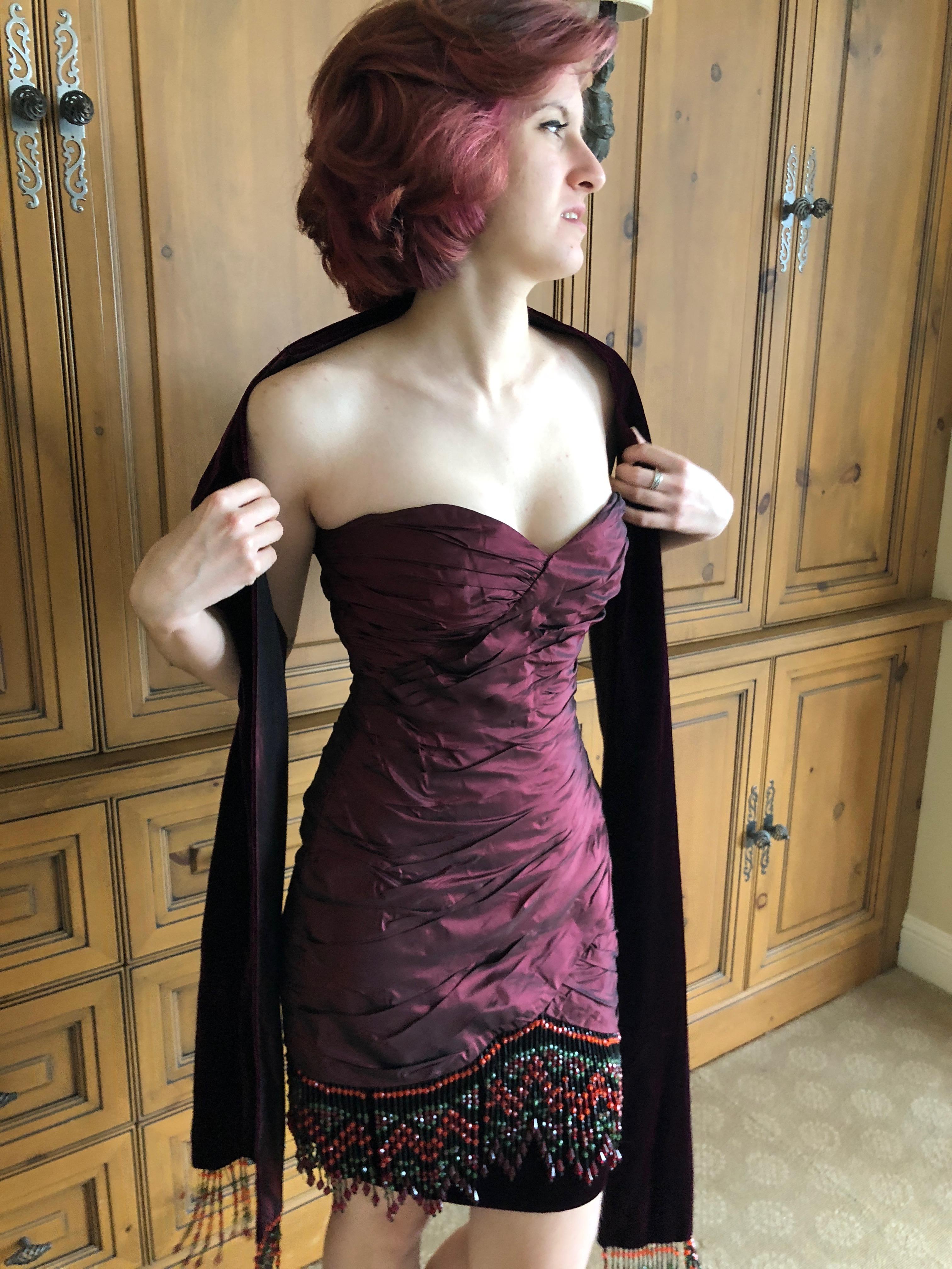 Bellville Sassoon Burgundy Silk Cocktail Dress w Beaded Fringe & Matching Shawl In Excellent Condition For Sale In Cloverdale, CA