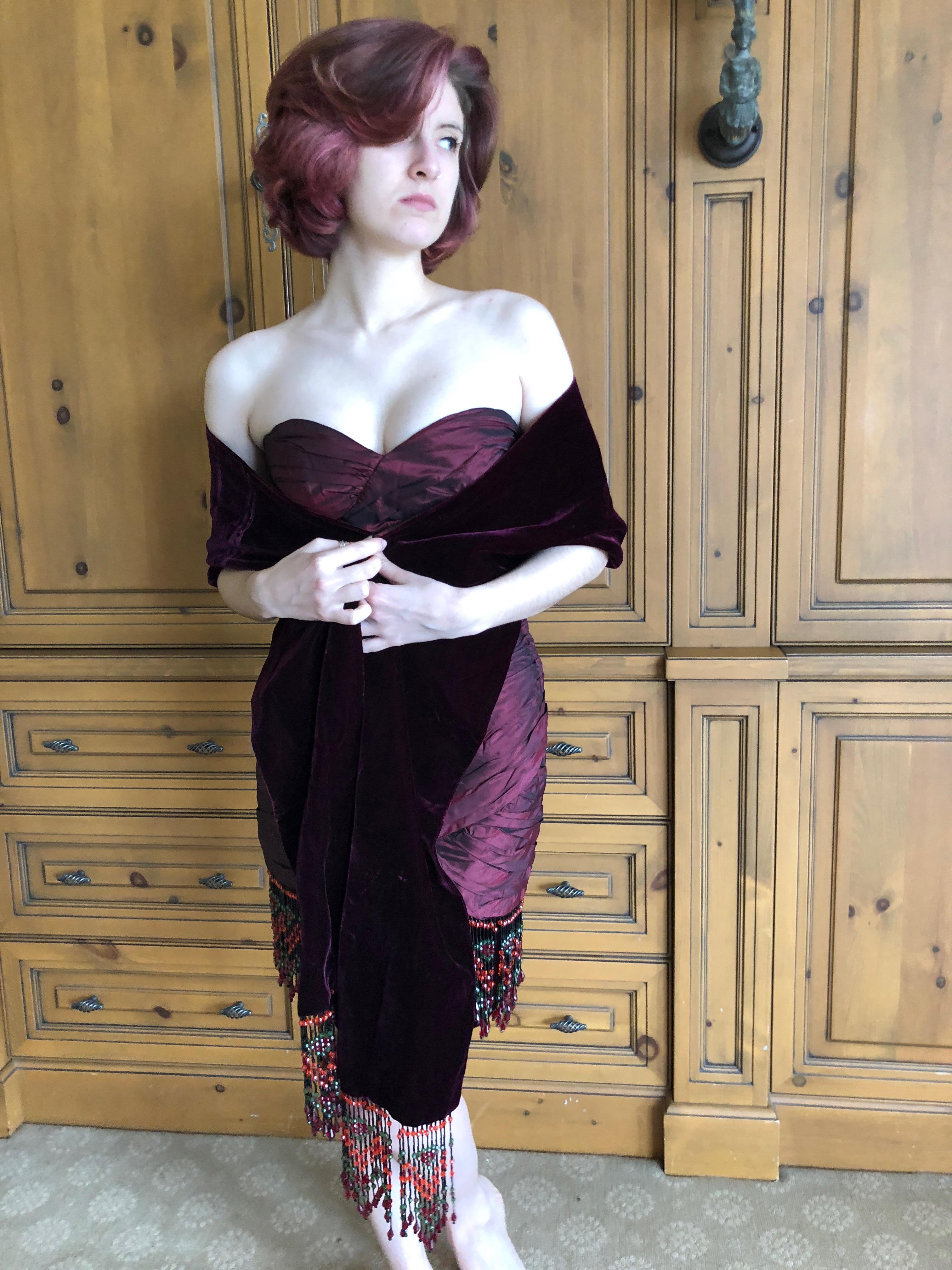 Women's Bellville Sassoon Burgundy Silk Cocktail Dress w Beaded Fringe & Matching Shawl For Sale