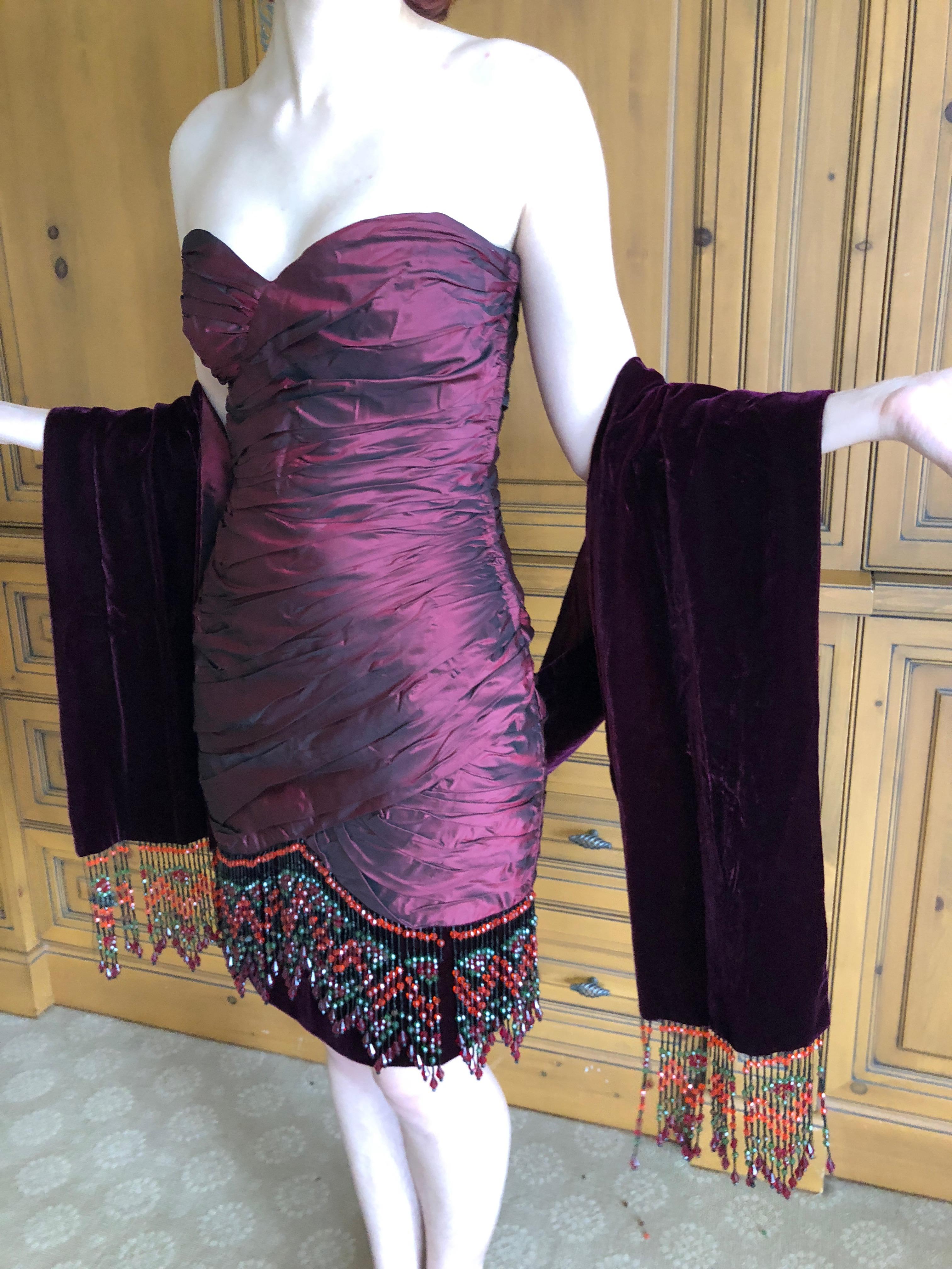 Bellville Sassoon Burgundy Silk Cocktail Dress w Beaded Fringe & Matching Shawl For Sale 1