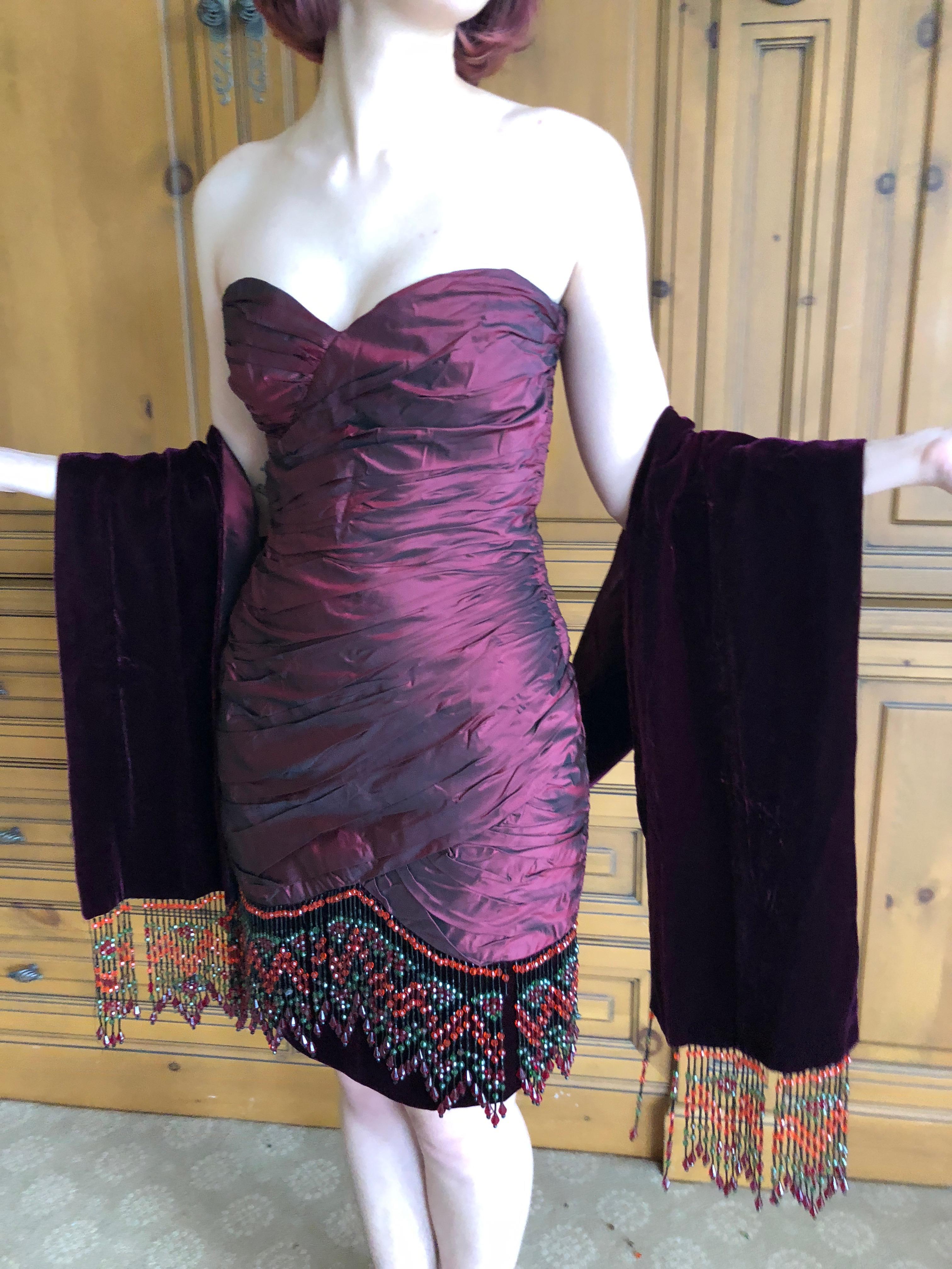 Bellville Sassoon Burgundy Silk Cocktail Dress w Beaded Fringe & Matching Shawl For Sale 2