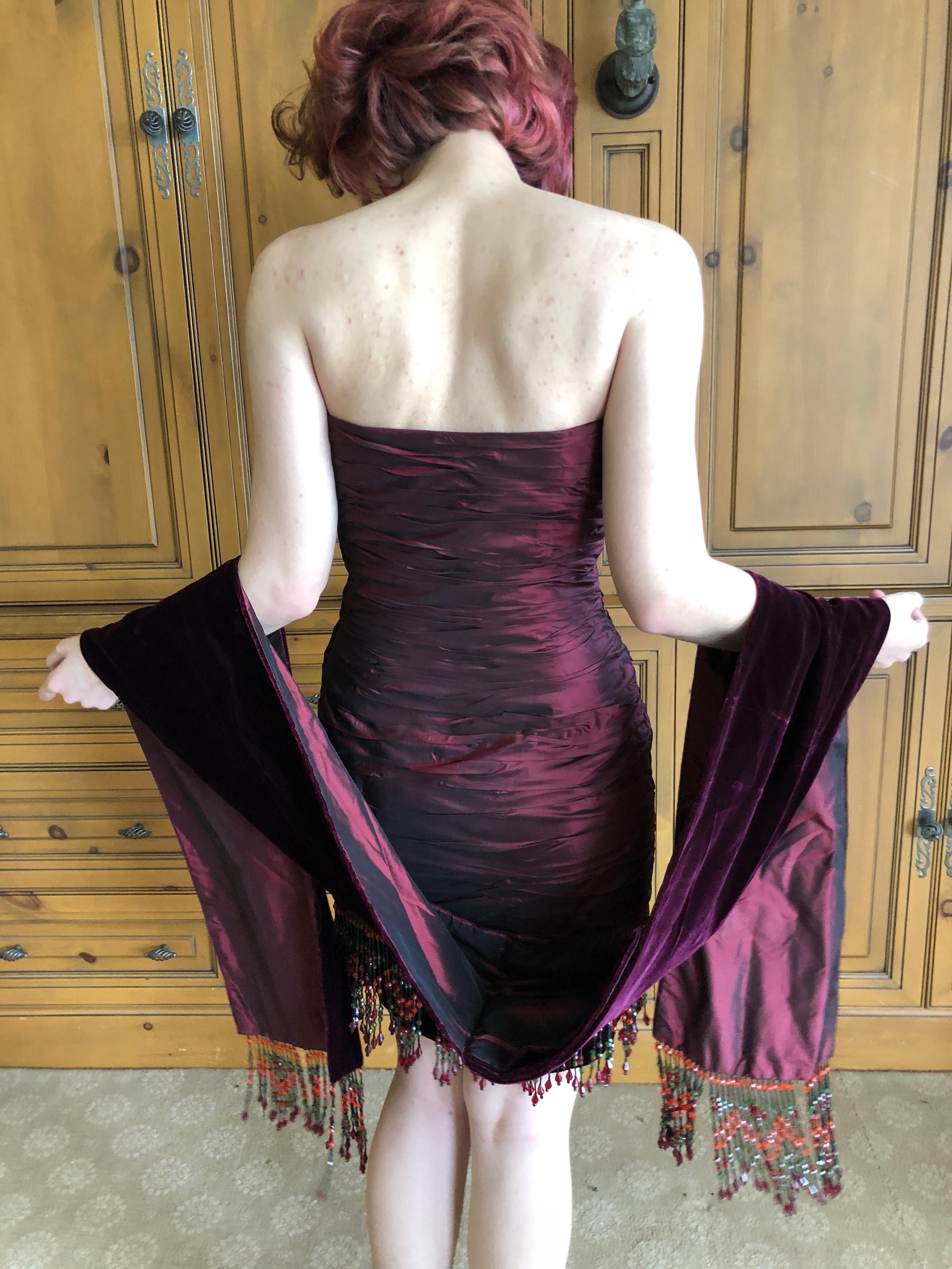 Bellville Sassoon Burgundy Silk Cocktail Dress w Beaded Fringe & Matching Shawl For Sale 3
