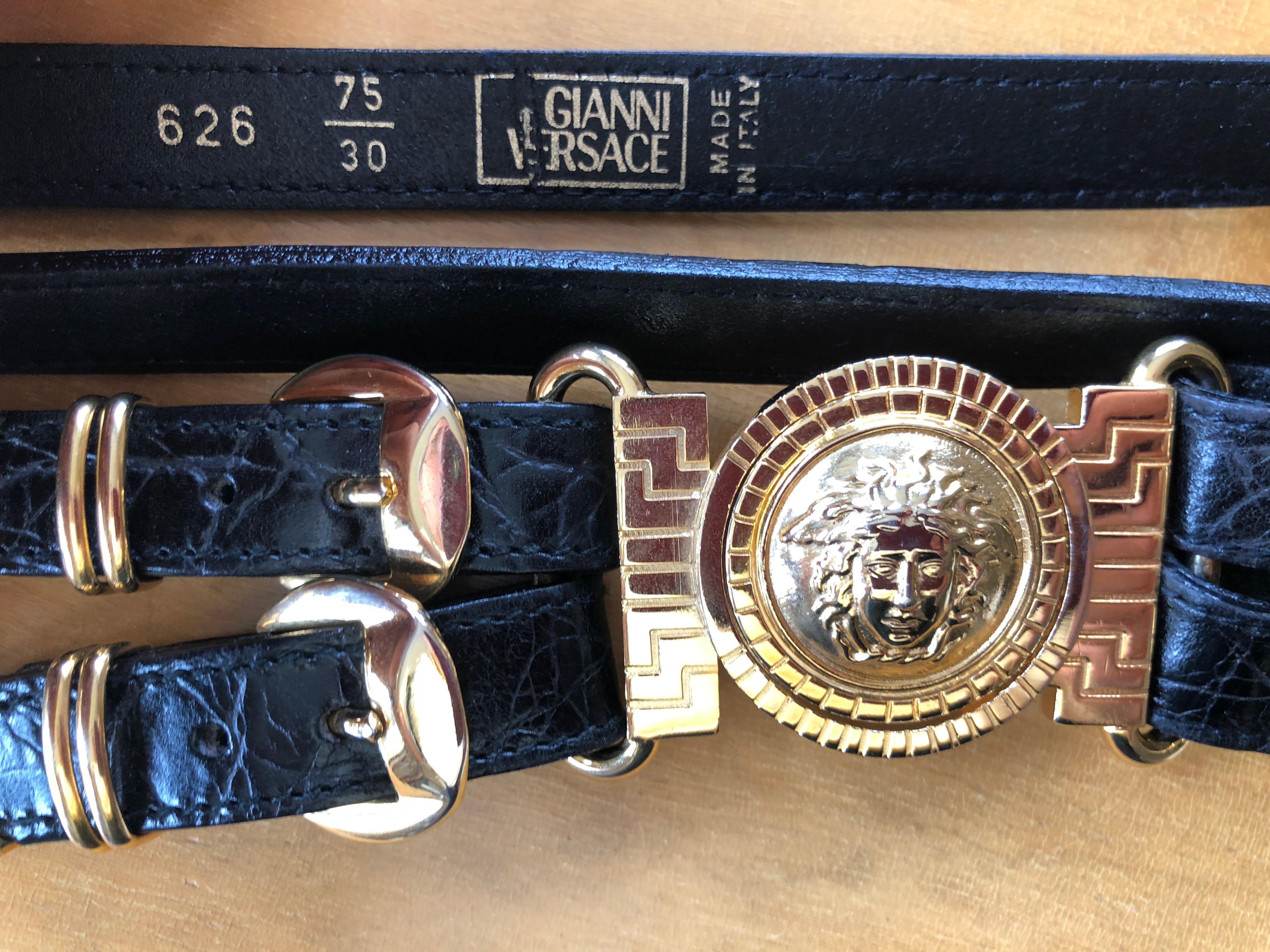 Gianni Versace Rare Vintage Black Alligator Belt with 3 Bold Gold Medusa Buckles 8