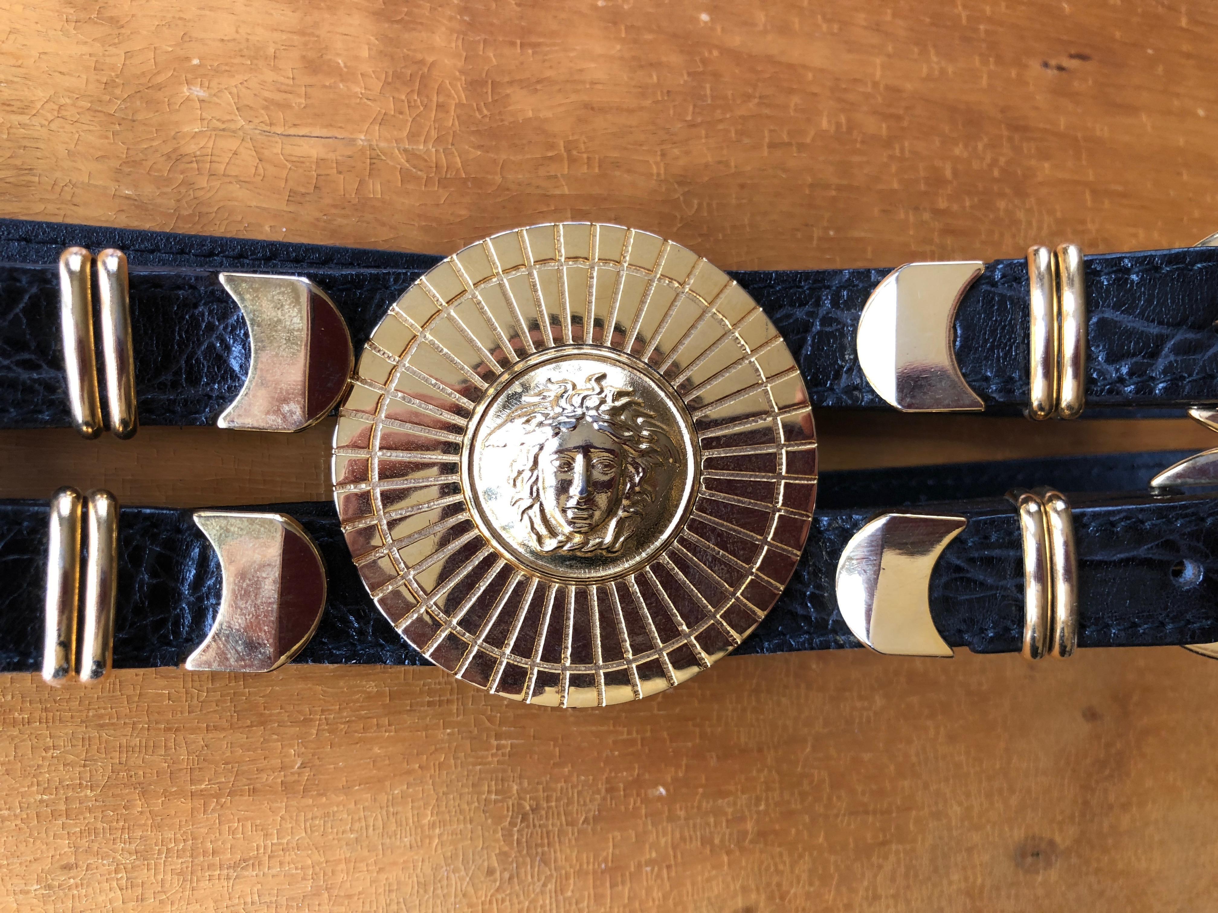 Gianni Versace Rare Vintage Black Alligator Belt with 3 Bold Gold Medusa Buckles 6