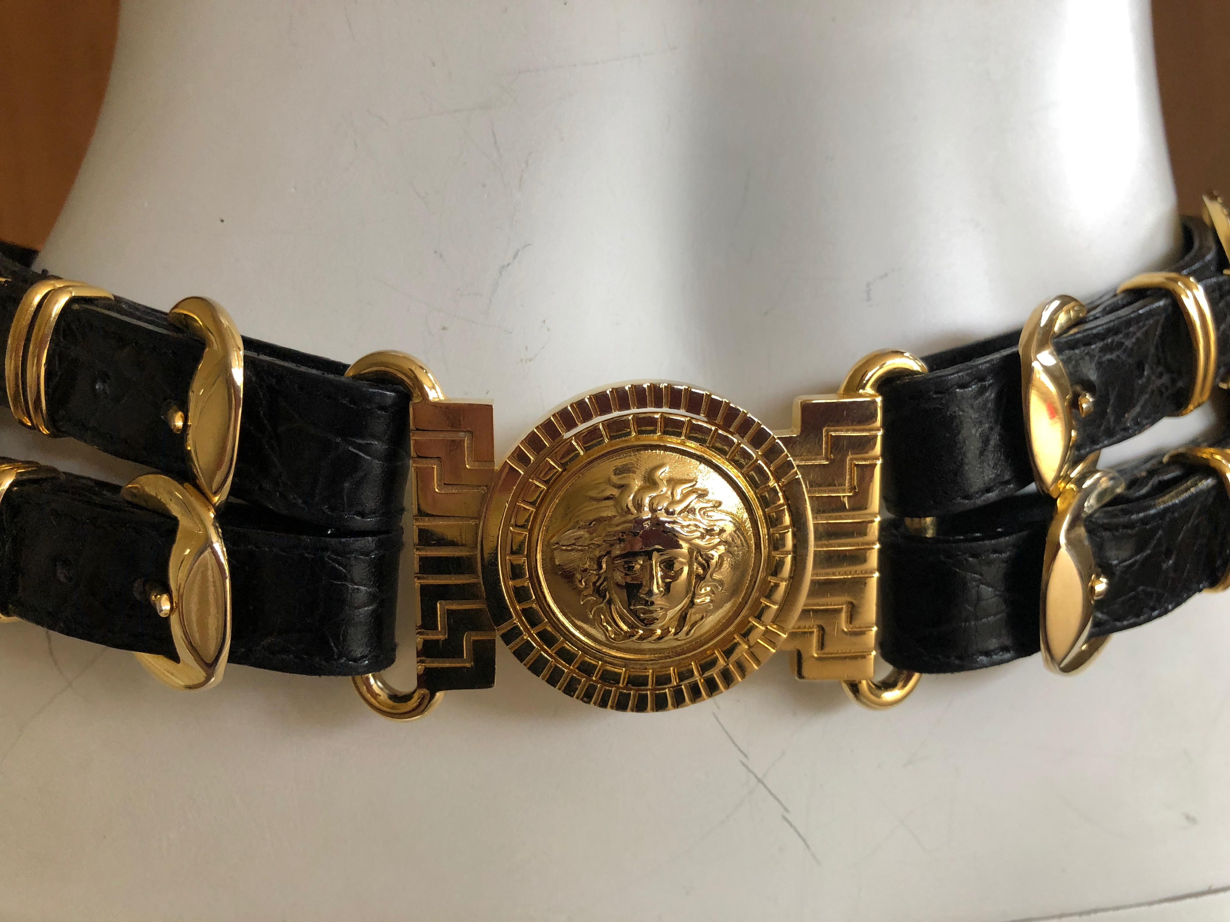 Gianni Versace Rare Vintage Black Alligator Belt with 3 Bold Gold Medusa Buckles In Excellent Condition In Cloverdale, CA