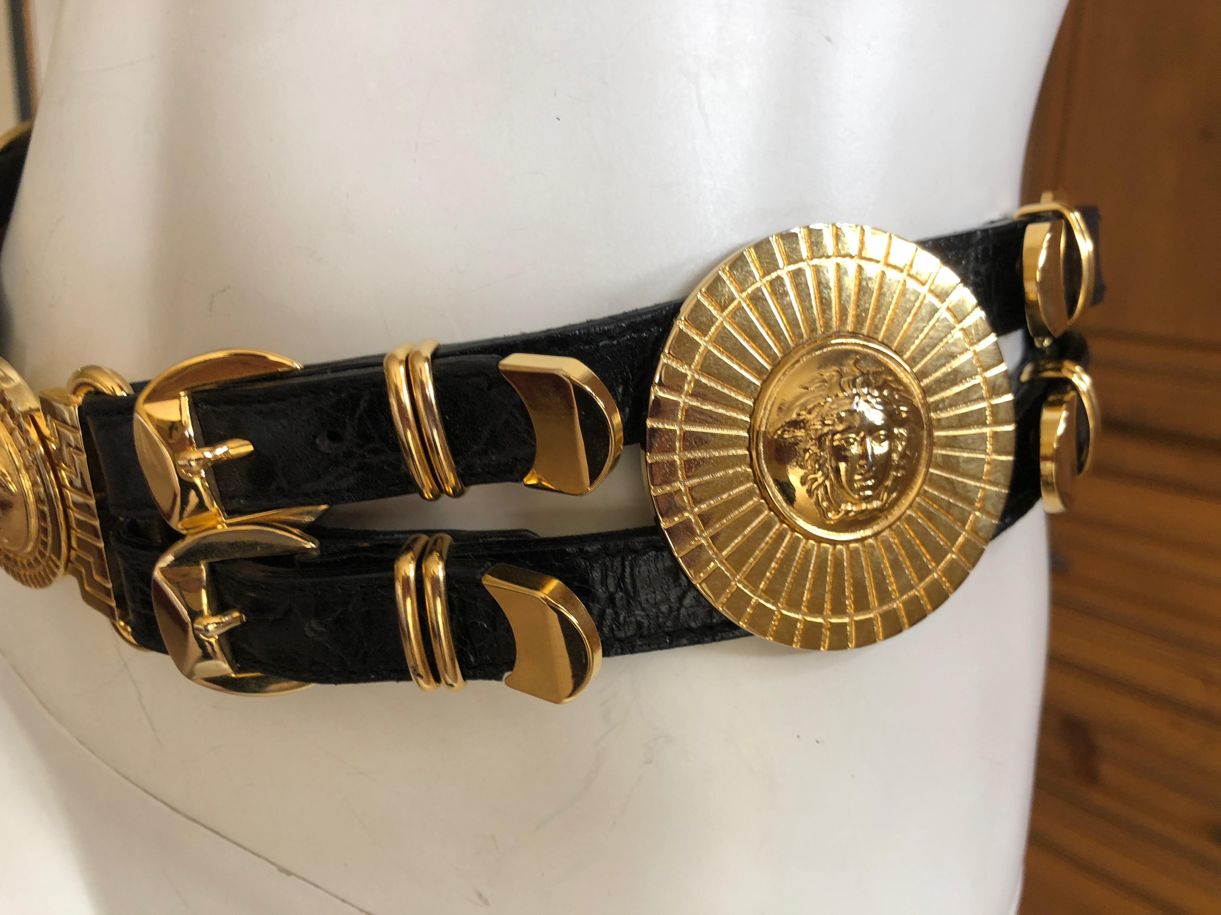 Women's or Men's Gianni Versace Rare Vintage Black Alligator Belt with 3 Bold Gold Medusa Buckles