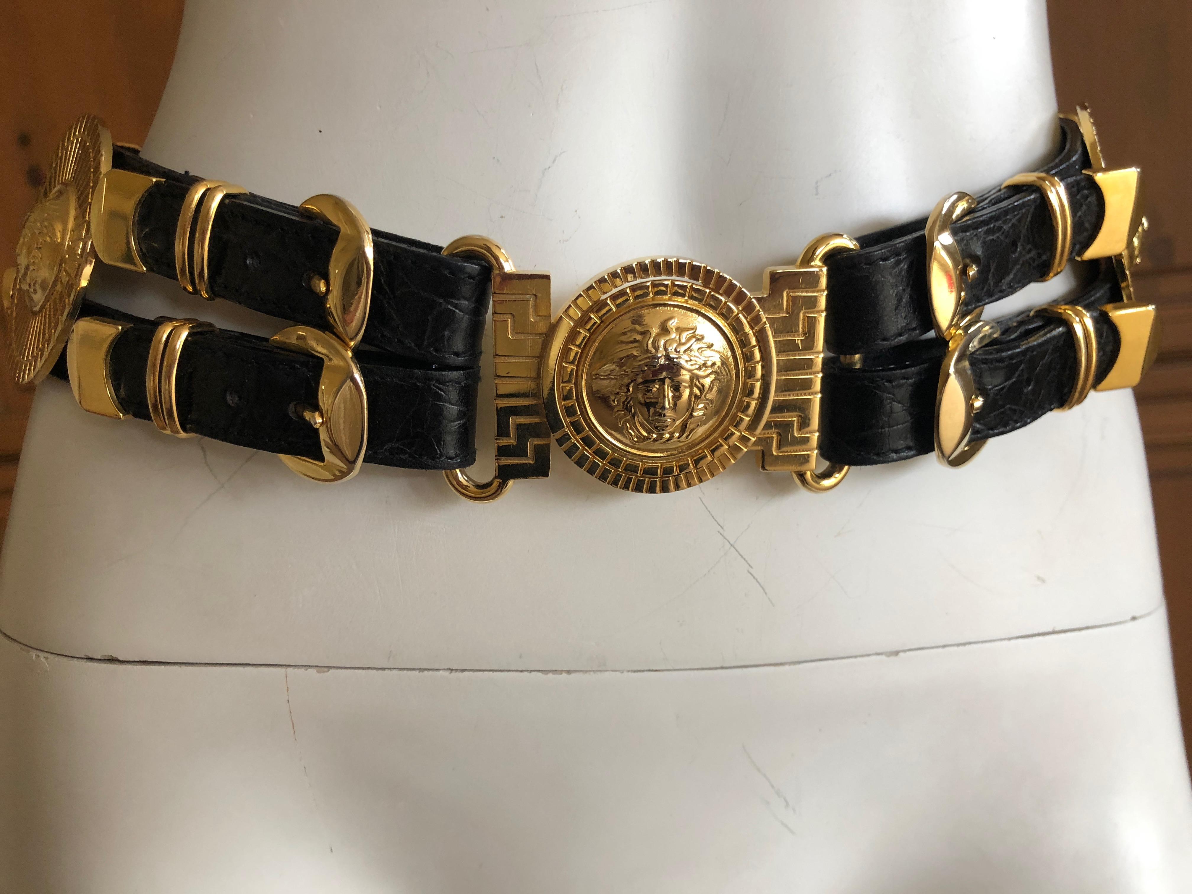 Gianni Versace Rare Vintage Black Alligator Belt with 3 Bold Gold Medusa Buckles 2