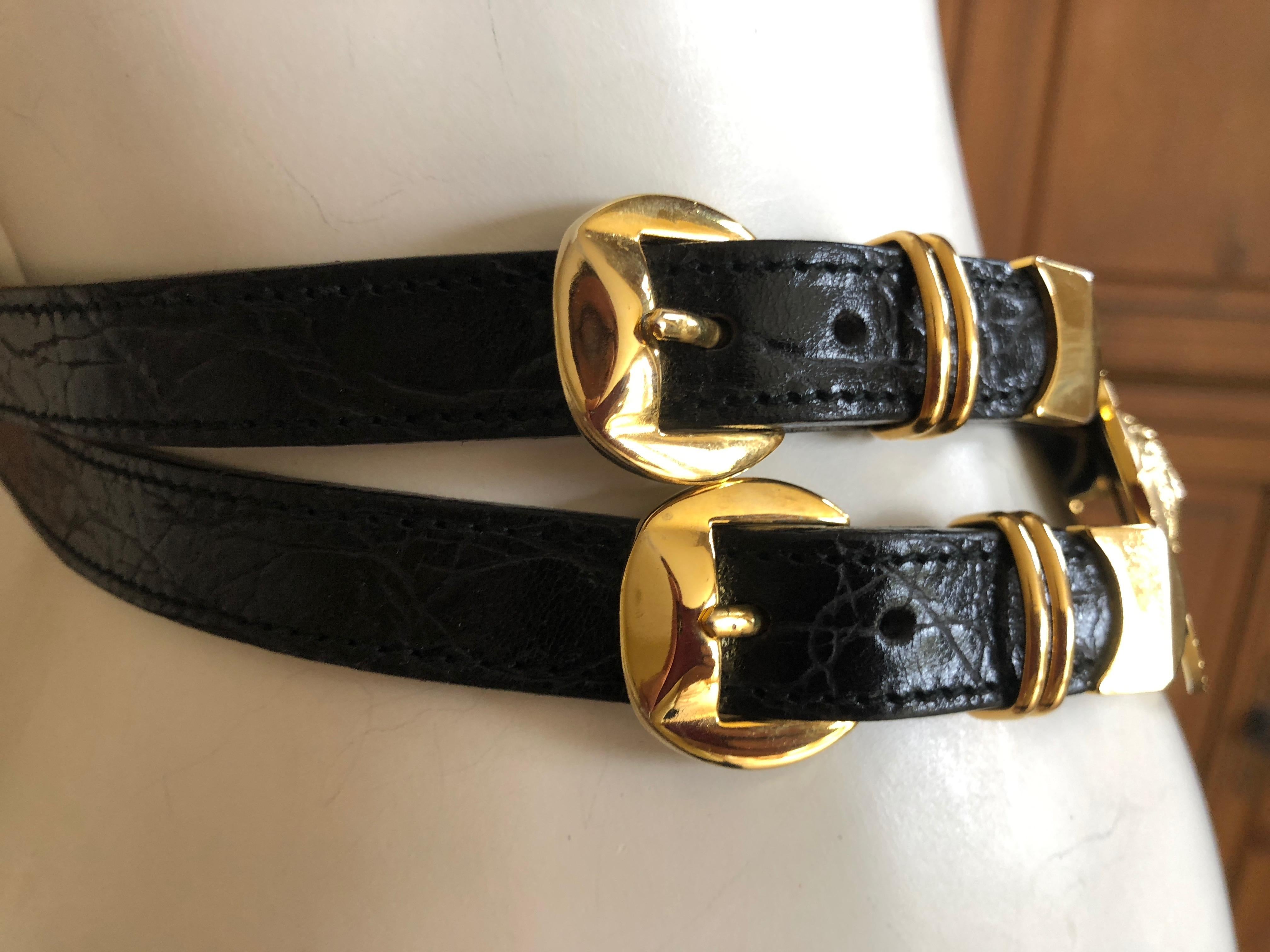 Gianni Versace Rare Vintage Black Alligator Belt with 3 Bold Gold Medusa Buckles 3