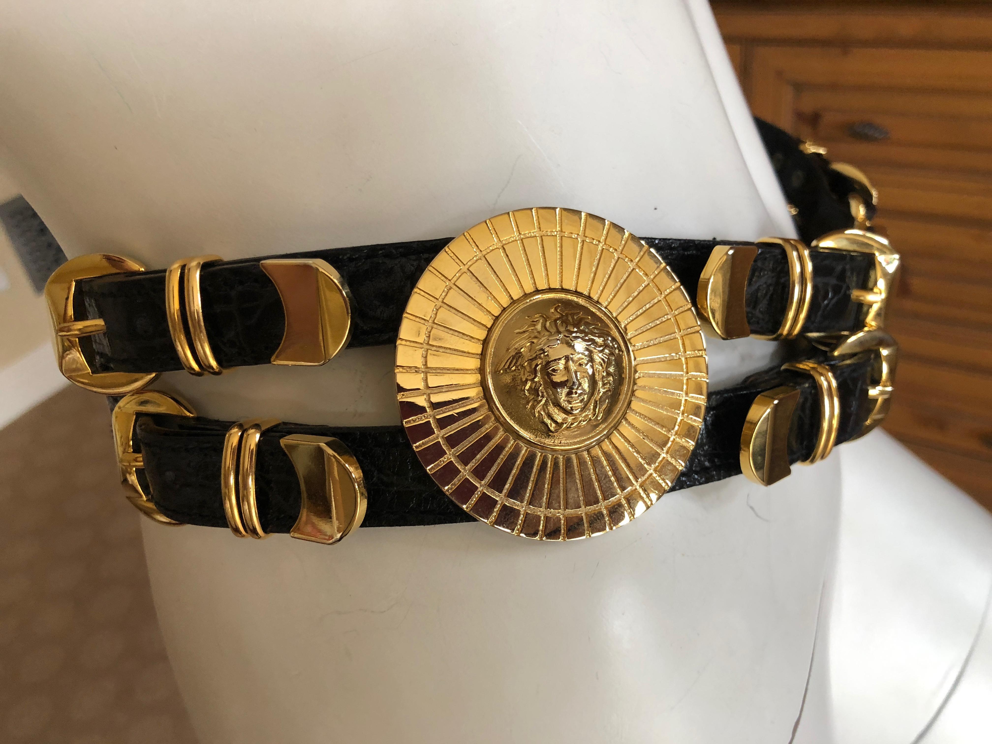 Gianni Versace Rare Vintage Black Alligator Belt with 3 Bold Gold Medusa Buckles 4