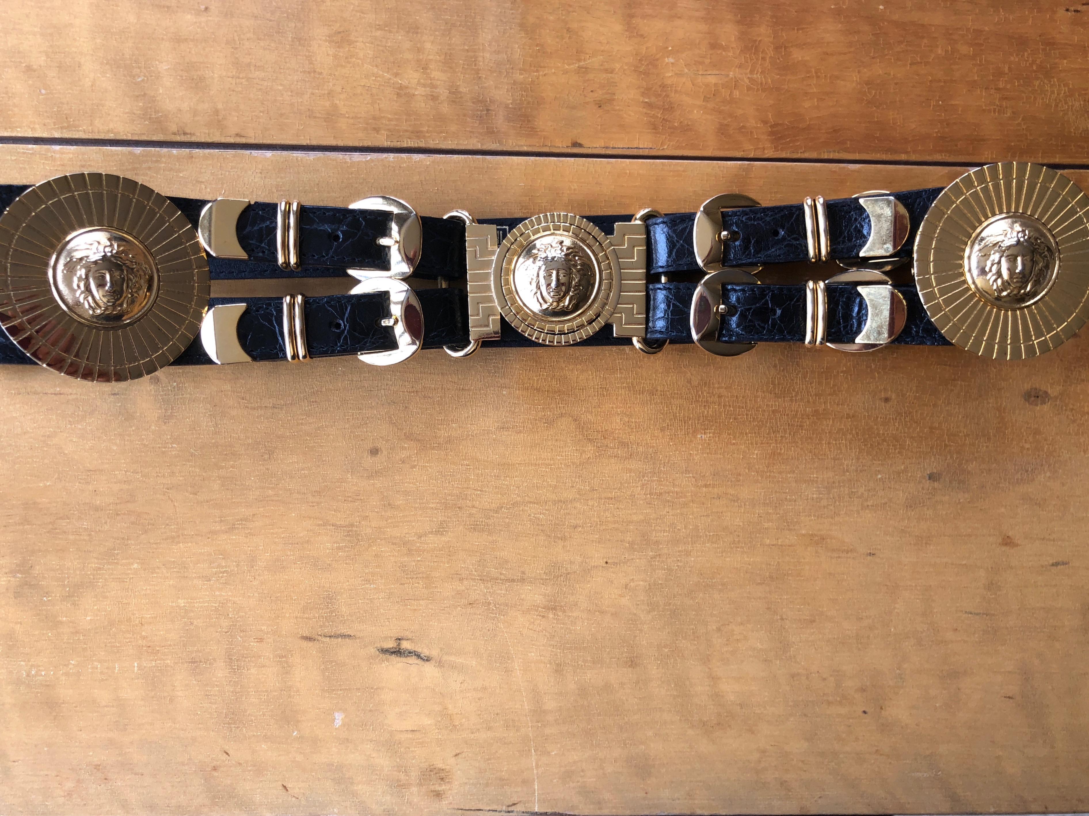 Gianni Versace Rare Vintage Black Alligator Belt with 3 Bold Gold Medusa Buckles 7