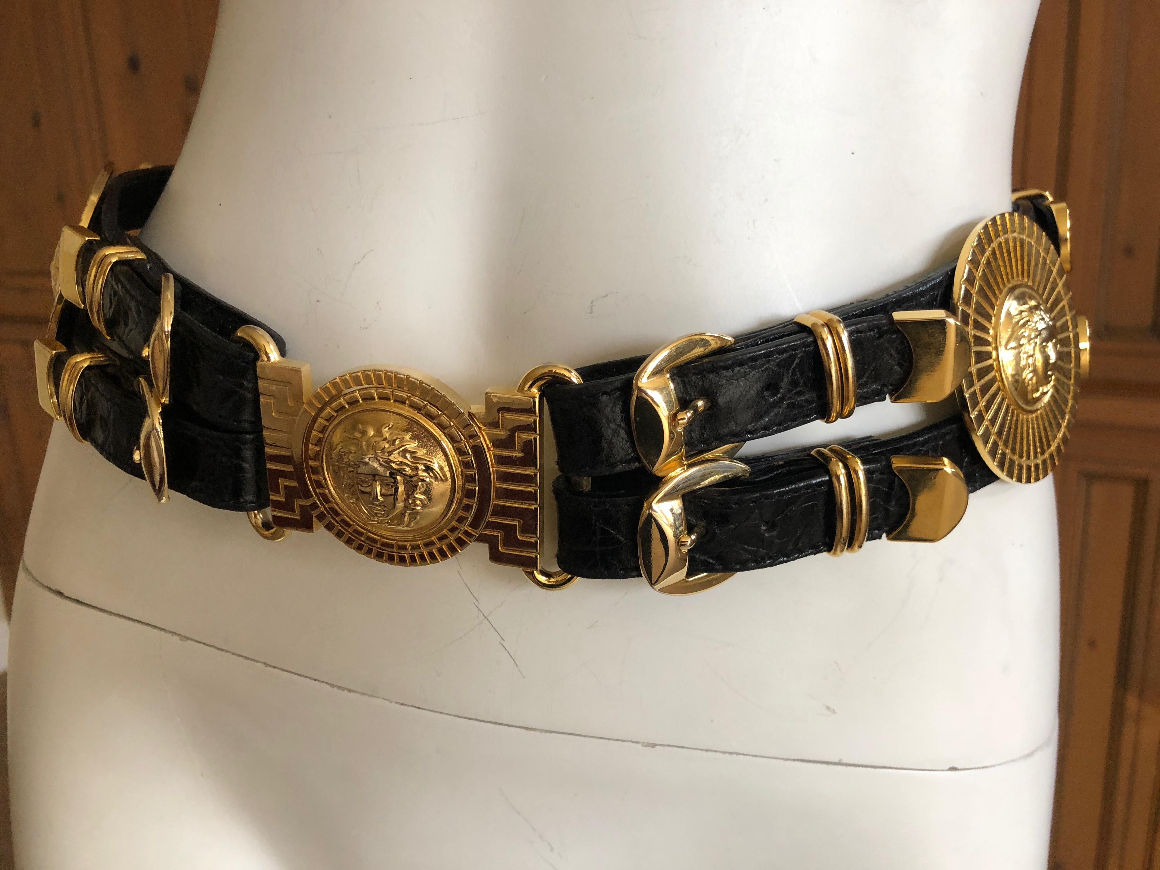 Gianni Versace Rare Vintage Black Alligator Belt with 3 Bold Gold Medusa Buckles 10