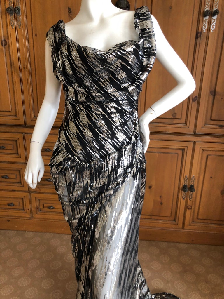 Vivienne Westwood Gold Label Silver Sequin Black Evening Dress w Built In Corset For Sale at