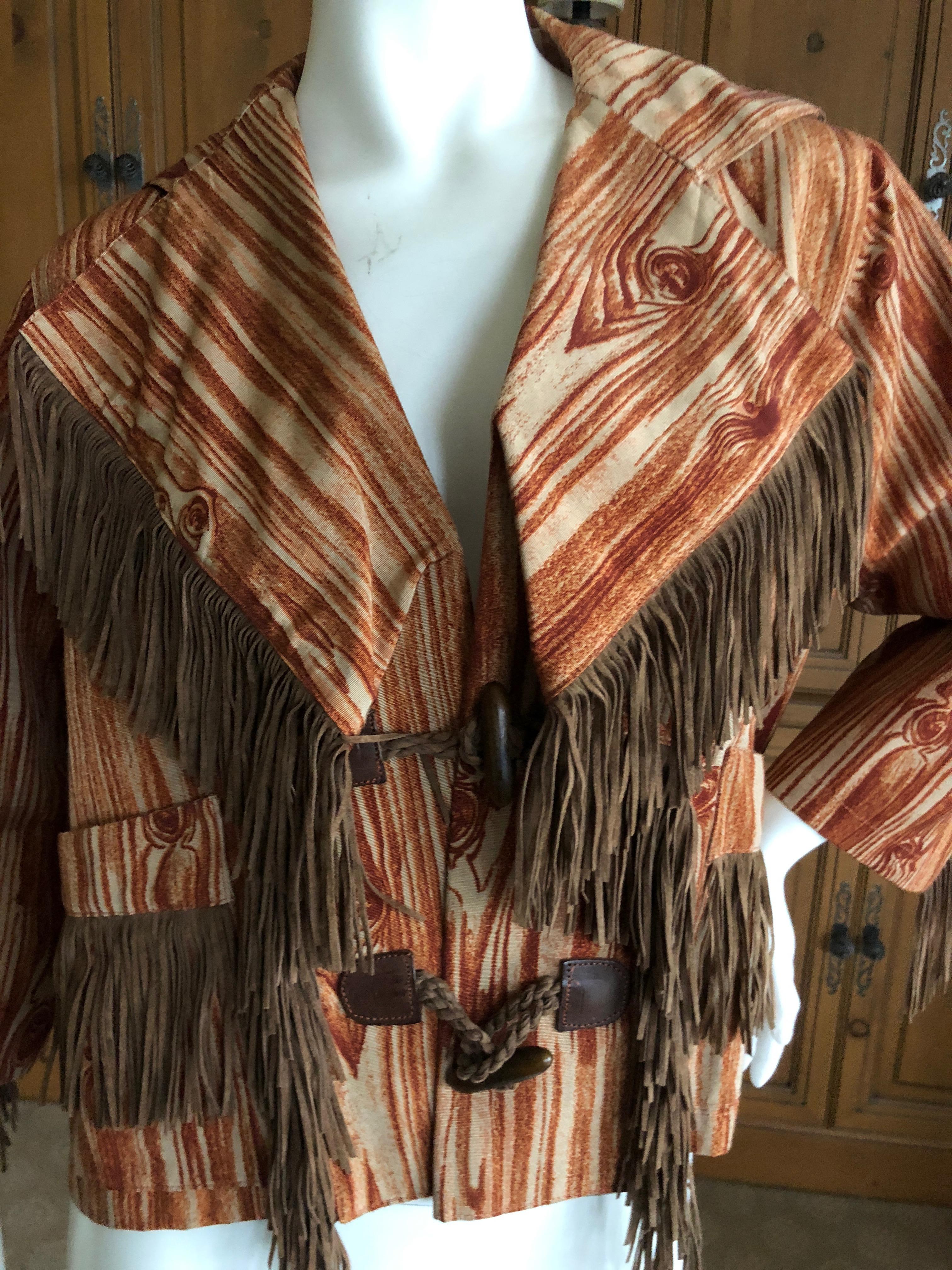 Vivienne Westwood Vintage Unisex Woodgrain Pattern Jacket with Suede Fringe In Excellent Condition For Sale In Cloverdale, CA