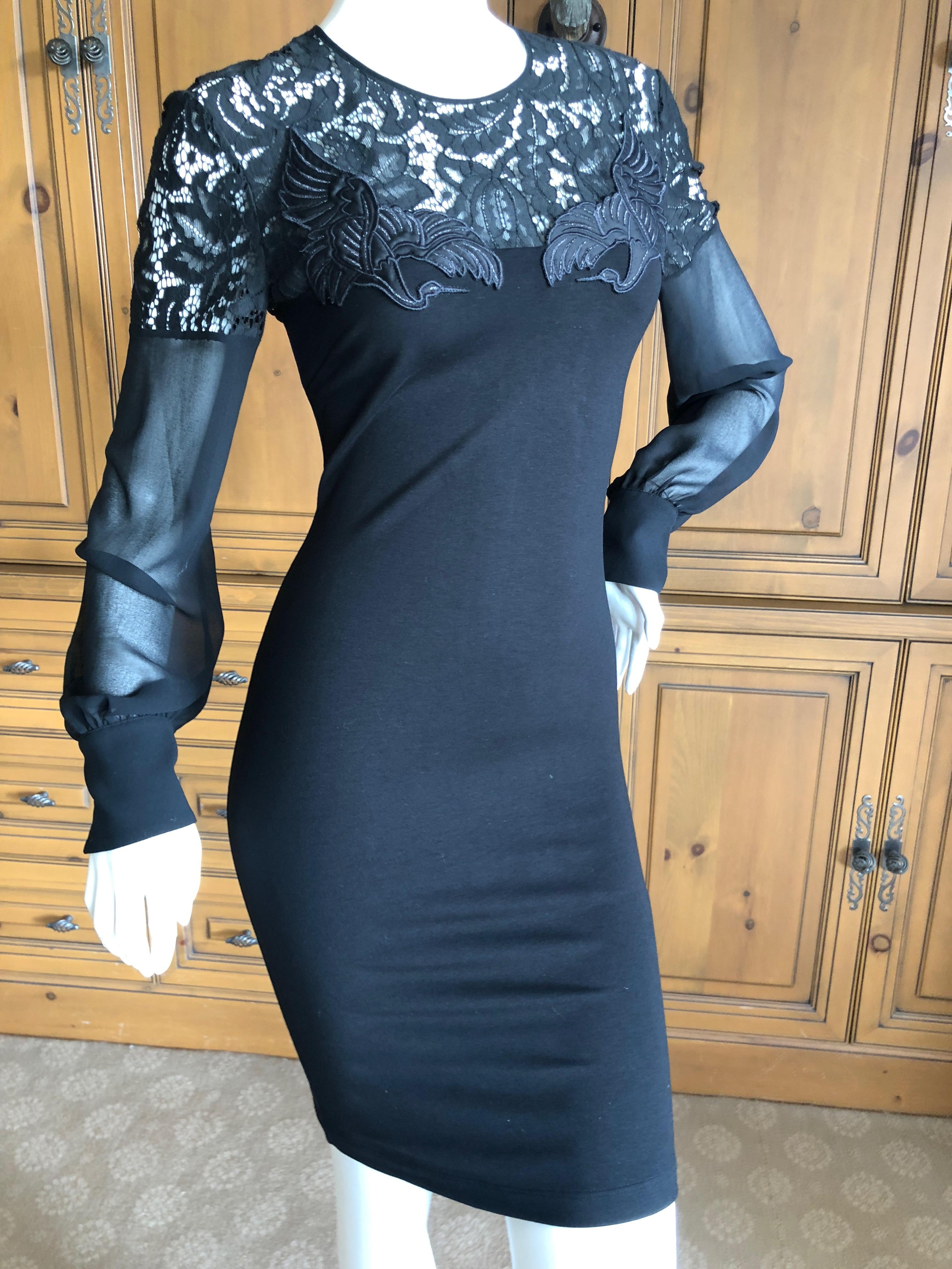 Roberto Cavalli Just Cavalli Vintage Black stretch Dress with Embroidered Cranes In Excellent Condition For Sale In Cloverdale, CA