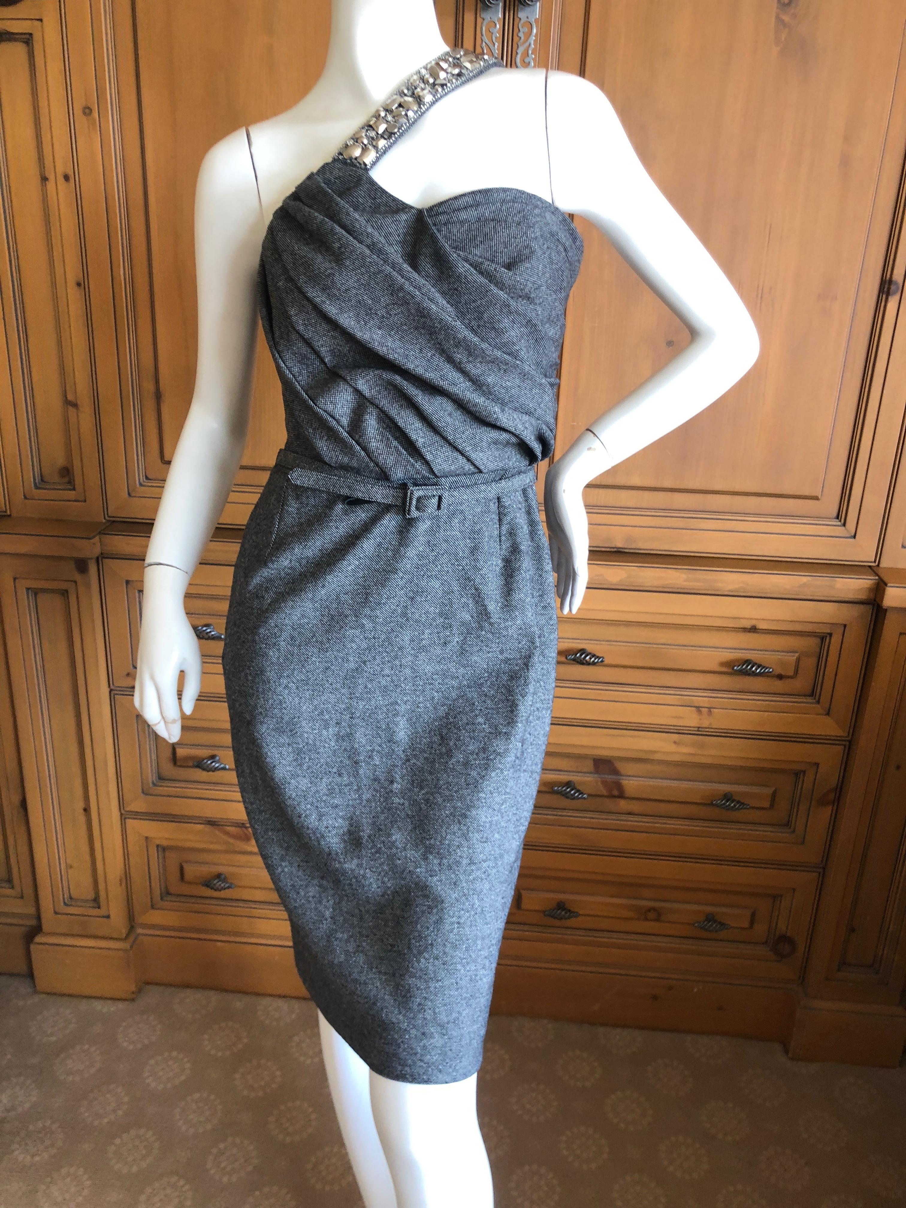 Christian Dior John Galliano Gray Tweed Cocktail Dress w Jewel Shoulder Strap.
I'm not  certain which way the strap lies, I show it two different ways.
 Size 38
Bust 34
