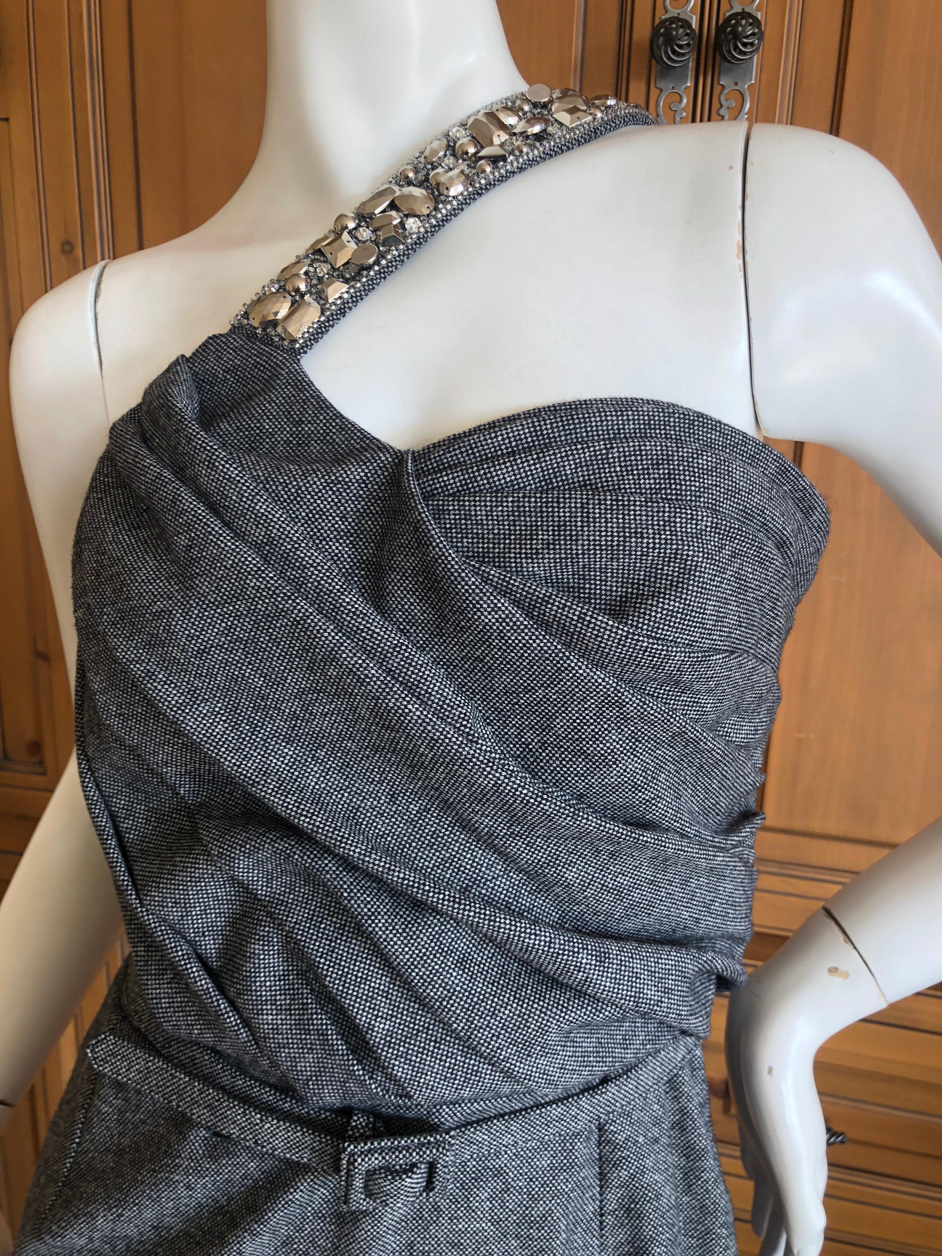 Christian Dior John Galliano Gray Tweed Cocktail Dress with Jewel Shoulder Strap In Excellent Condition For Sale In Cloverdale, CA