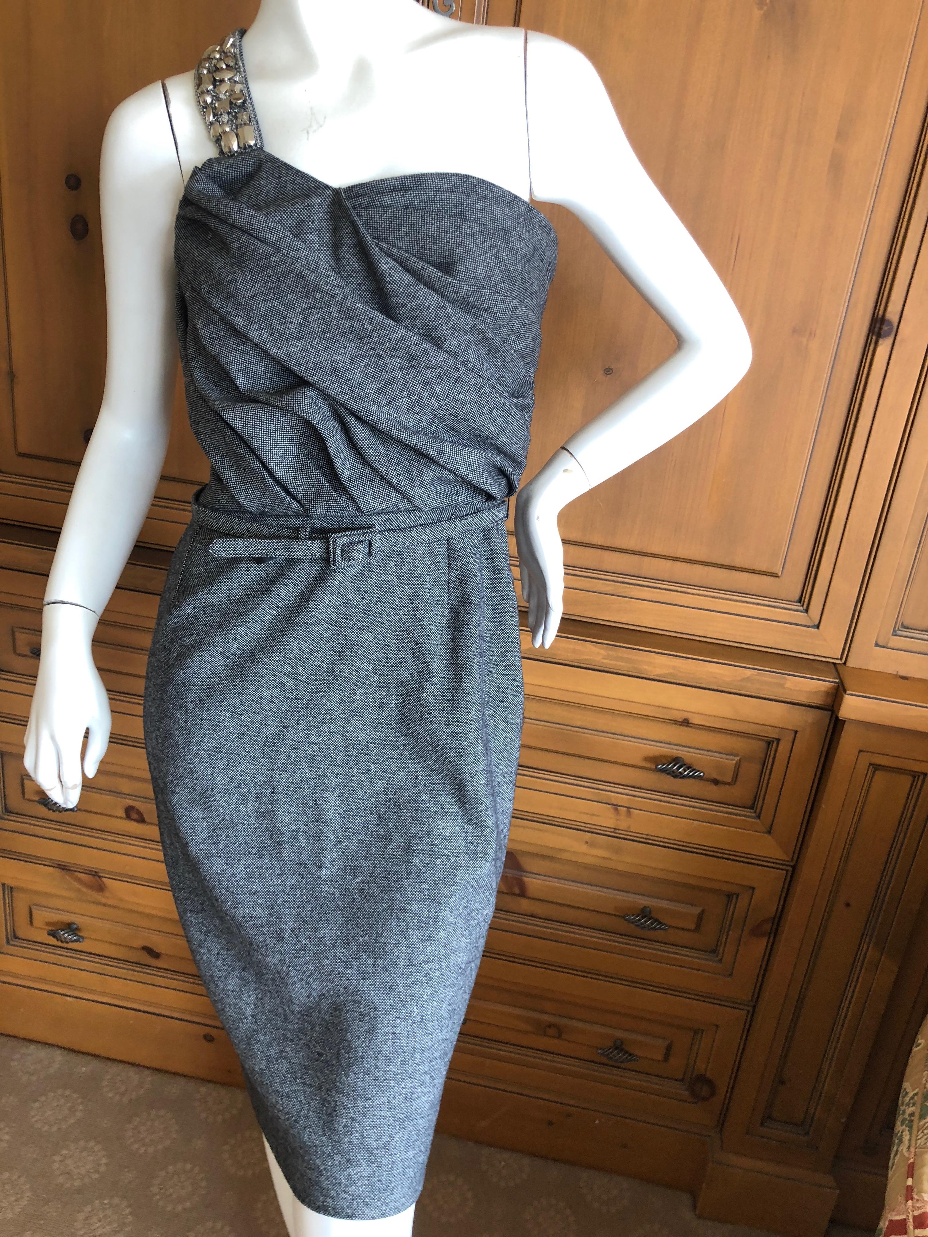 Women's Christian Dior John Galliano Gray Tweed Cocktail Dress with Jewel Shoulder Strap For Sale