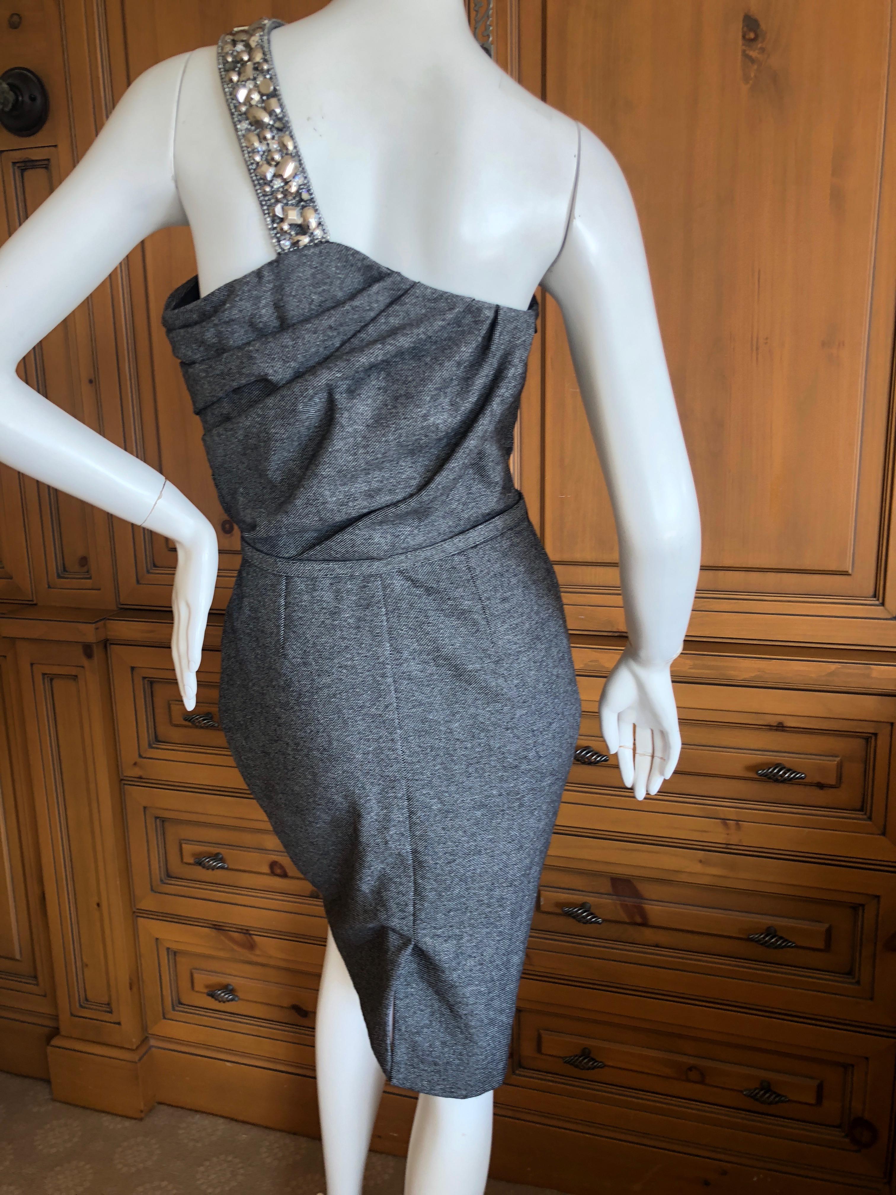 Christian Dior John Galliano Gray Tweed Cocktail Dress with Jewel Shoulder Strap For Sale 1