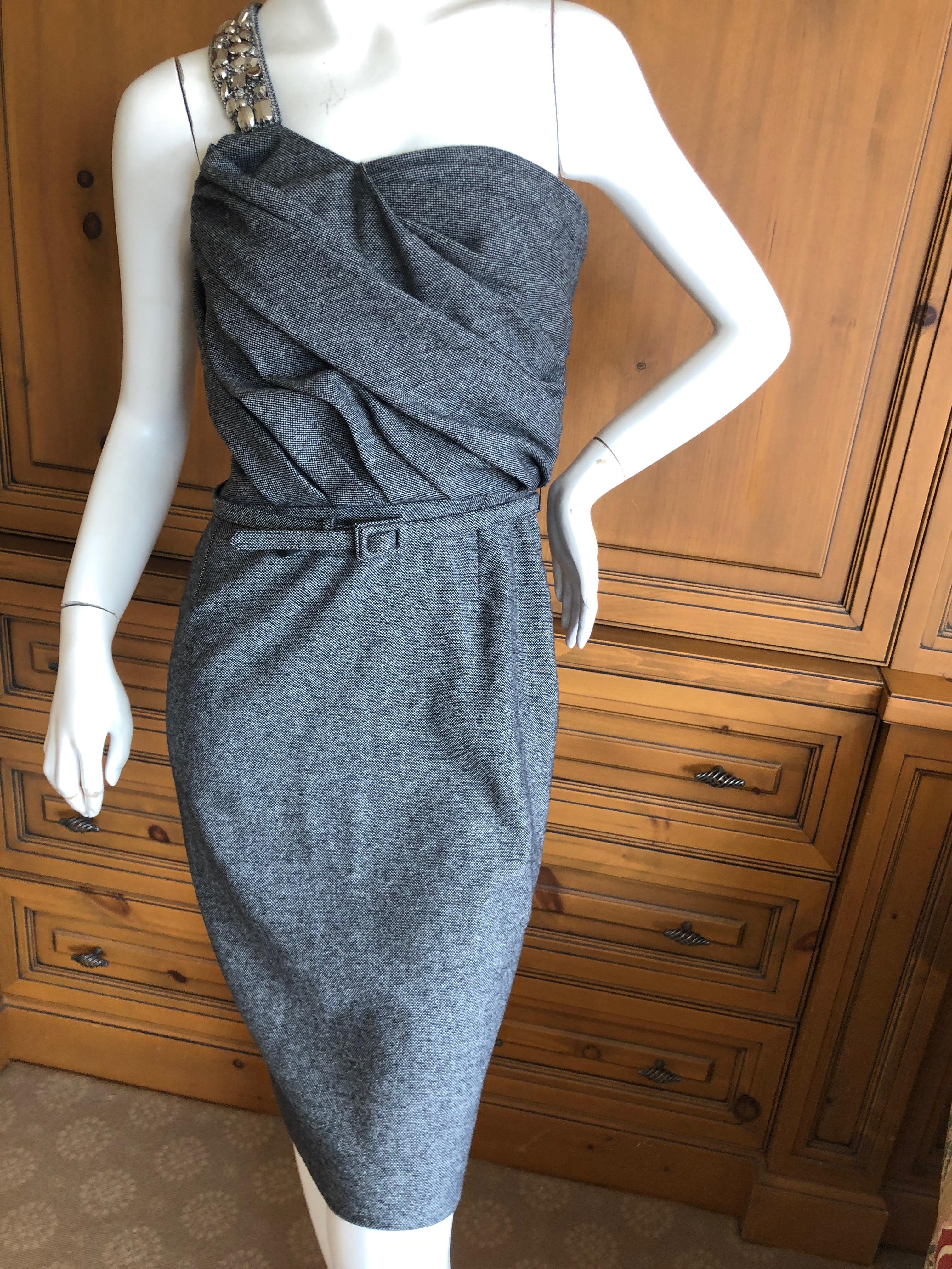 Christian Dior John Galliano Gray Tweed Cocktail Dress with Jewel Shoulder Strap For Sale 2