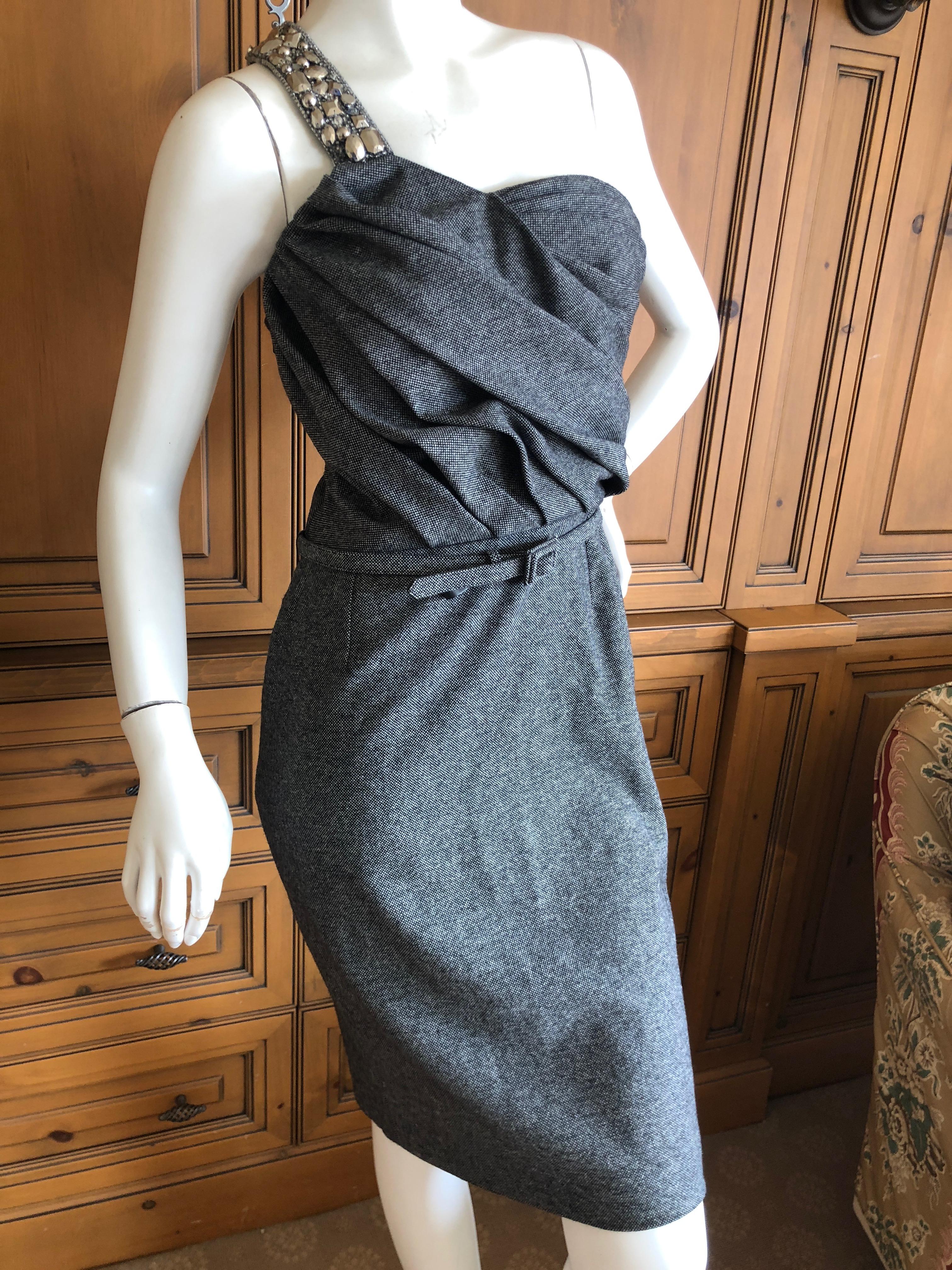 Christian Dior John Galliano Gray Tweed Cocktail Dress with Jewel Shoulder Strap For Sale 3