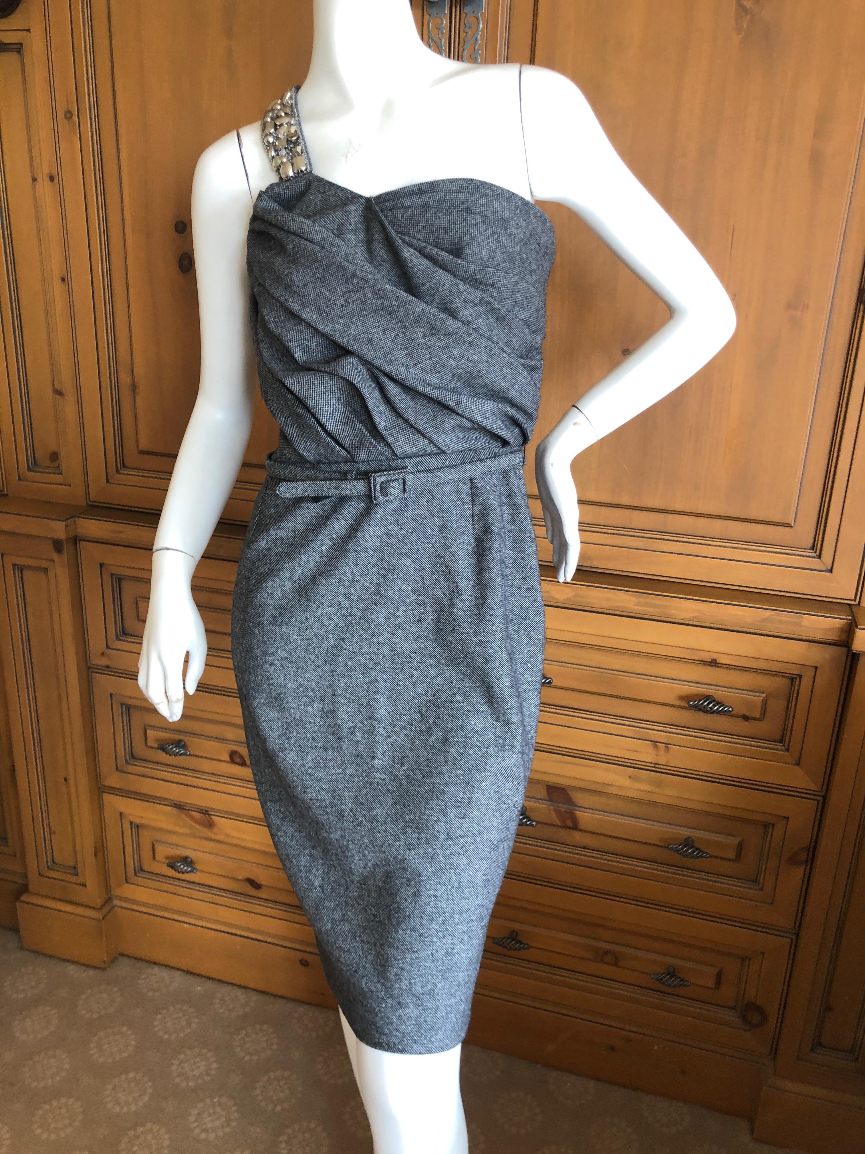 Christian Dior John Galliano Gray Tweed Cocktail Dress with Jewel Shoulder Strap For Sale 4