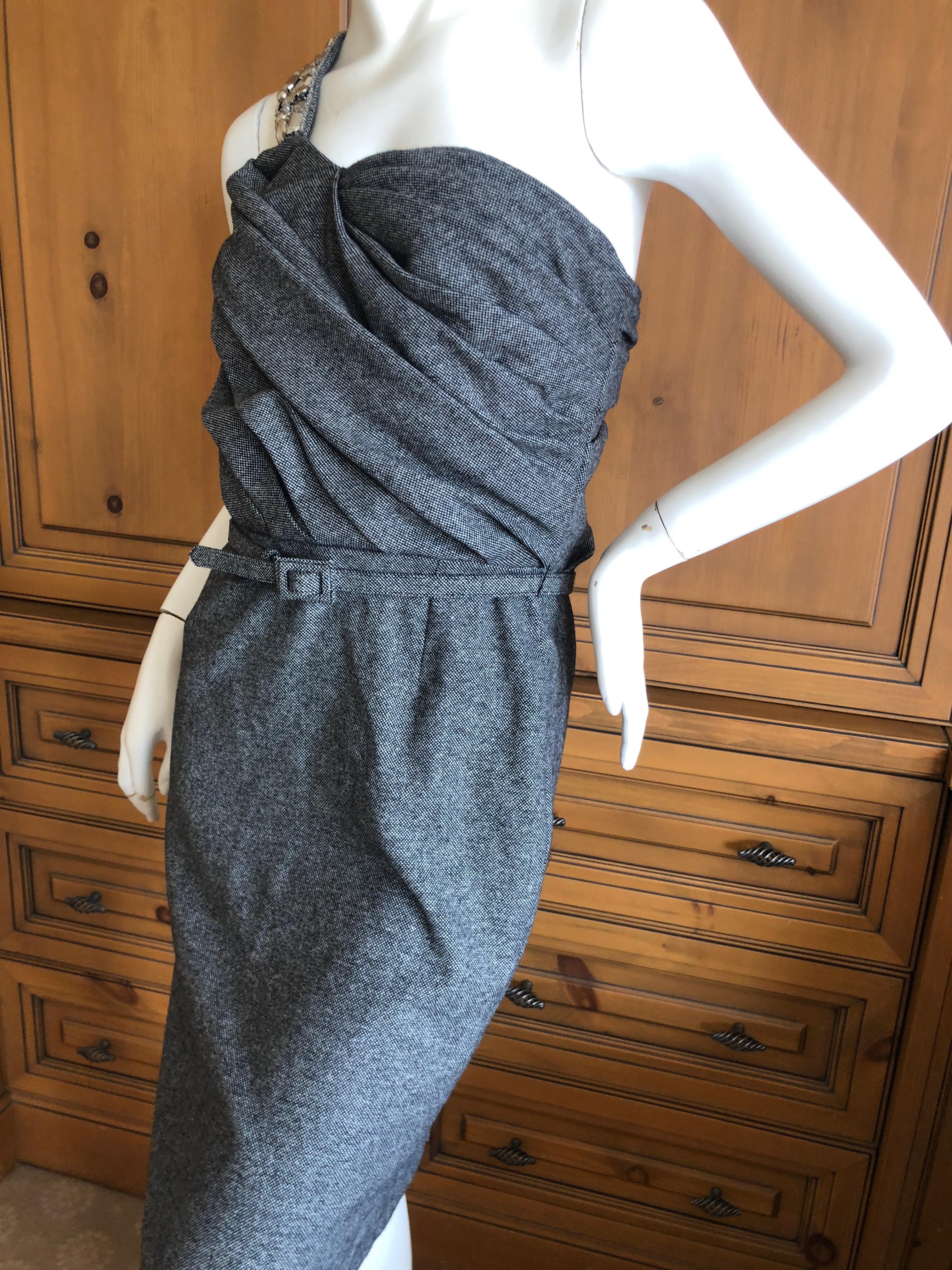 Christian Dior John Galliano Gray Tweed Cocktail Dress with Jewel Shoulder Strap For Sale 5