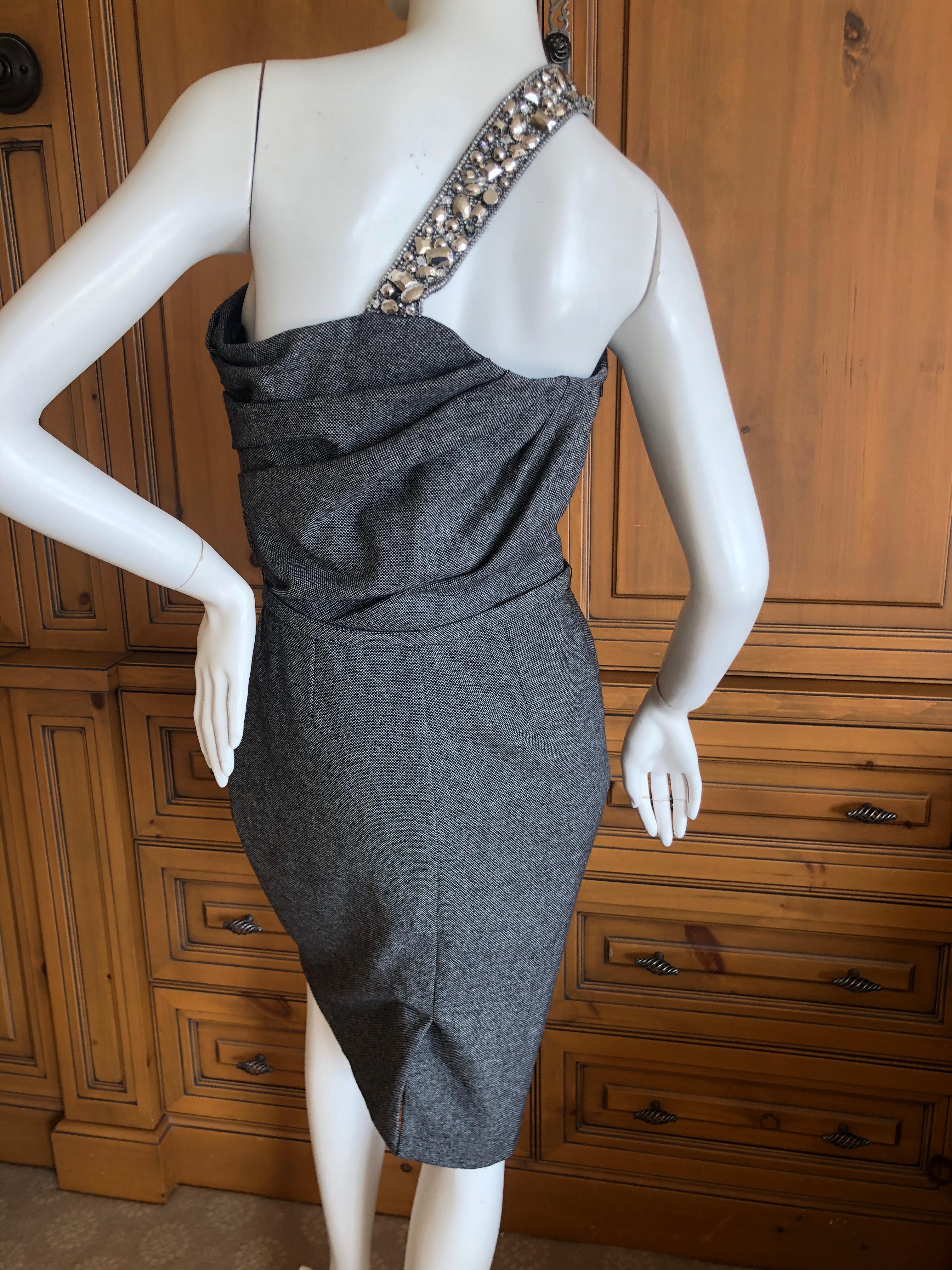 Christian Dior John Galliano Gray Tweed Cocktail Dress with Jewel Shoulder Strap For Sale 6