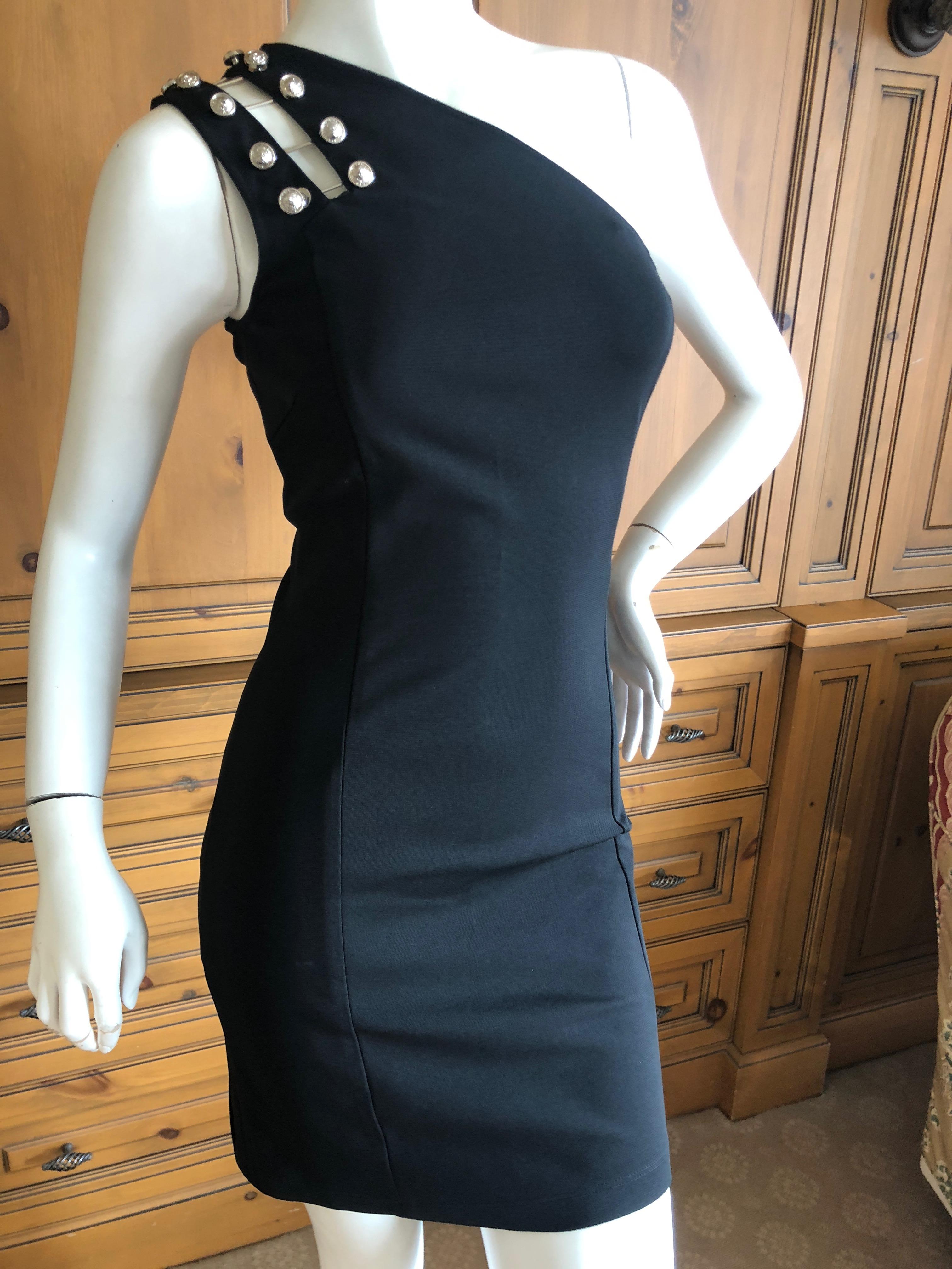 Versus by Versace Black Stretch Cocktail Dress with Shoulder Embelishment 
Sz 38
Supersexy on, this is a wonderful Versace

Bust 35