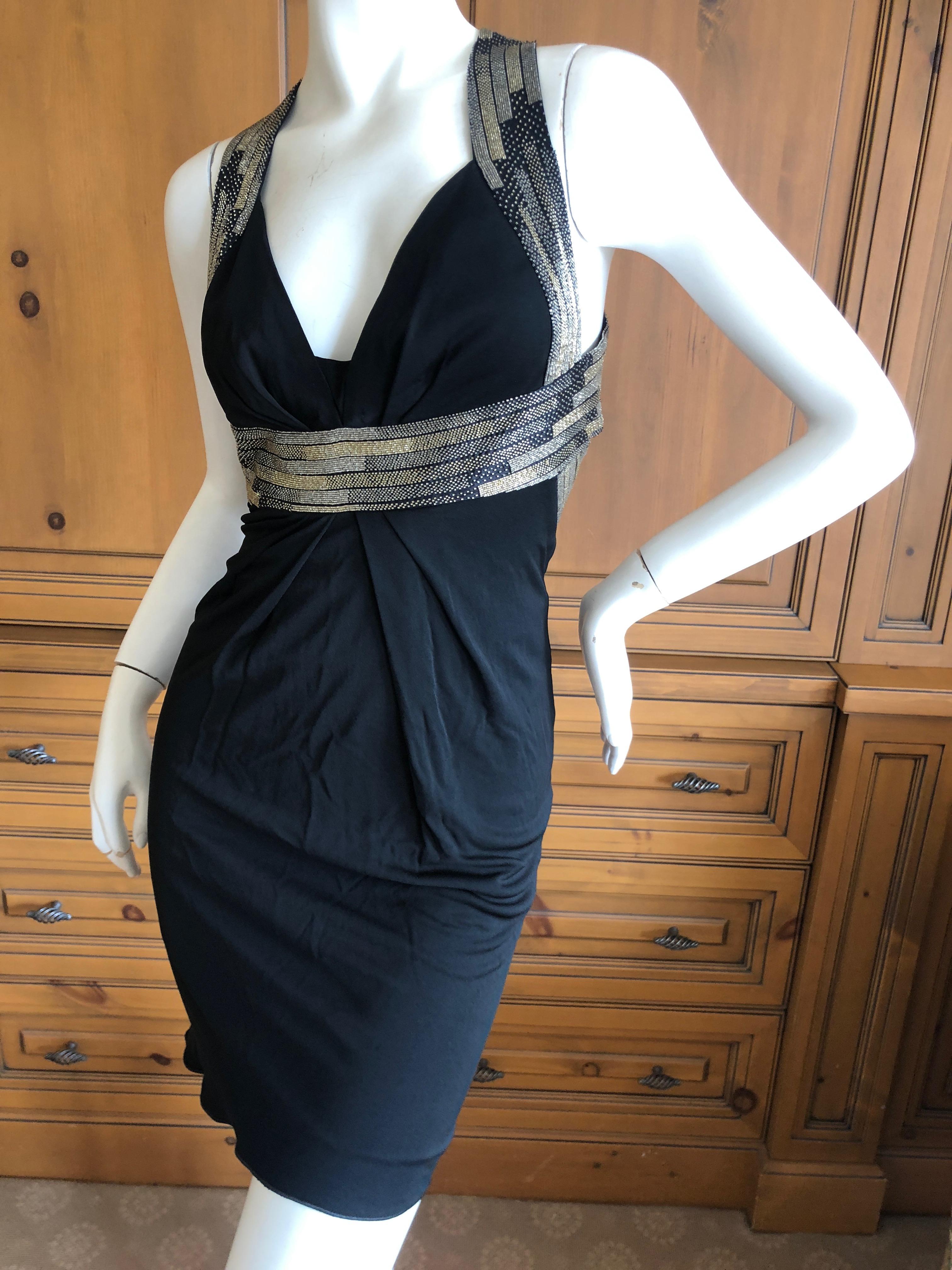 Roberto Cavalli Vintage 1980's Micro Beaded Cross Back Black Cocktail Dress In Excellent Condition For Sale In Cloverdale, CA