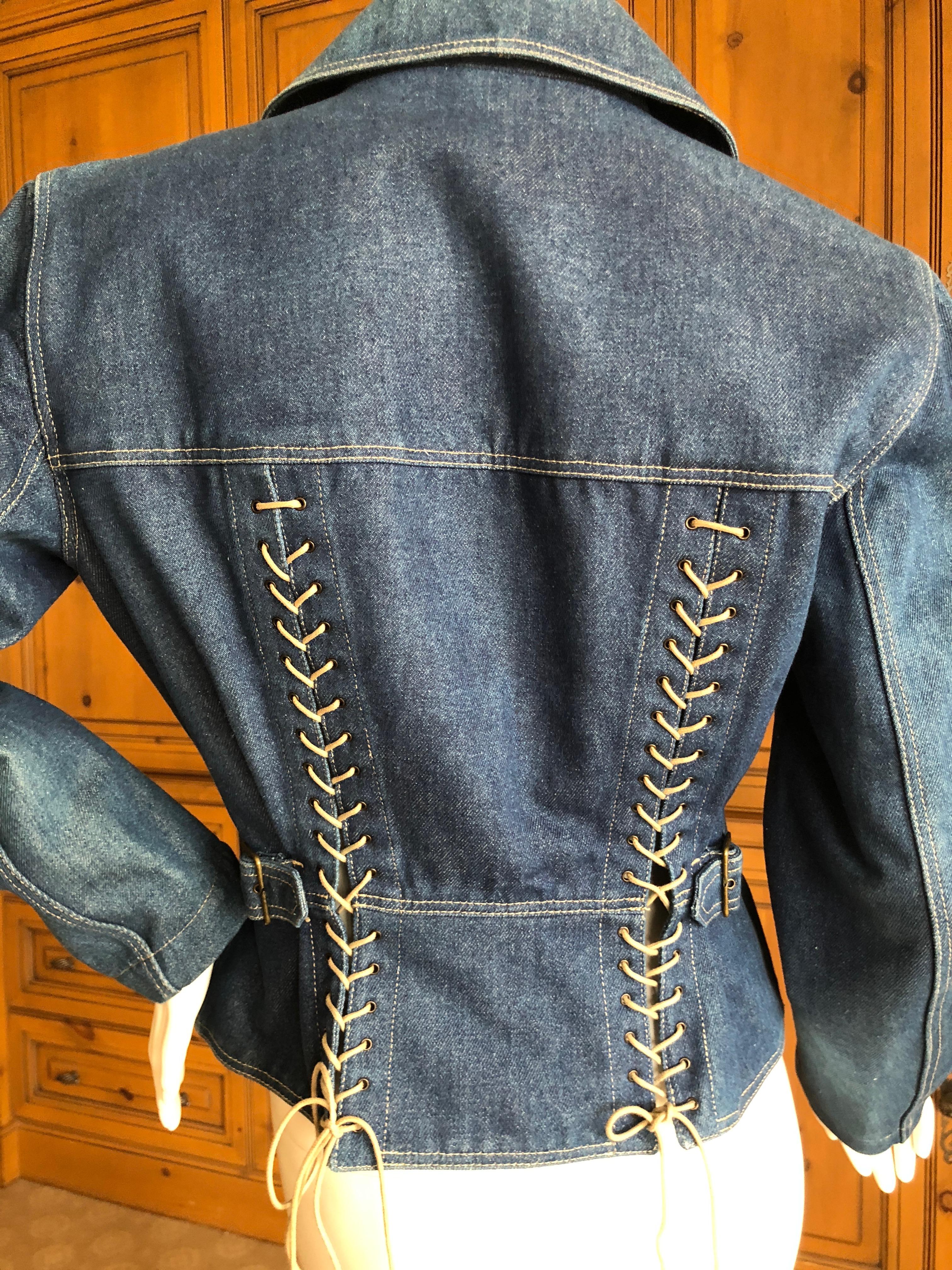 Rare Azzedine Alaia Pristine 1984 Corset Lace Denim Blue Jean Jacket, in pristine condition.
No size tag, appx Size 38-40
Bust 42