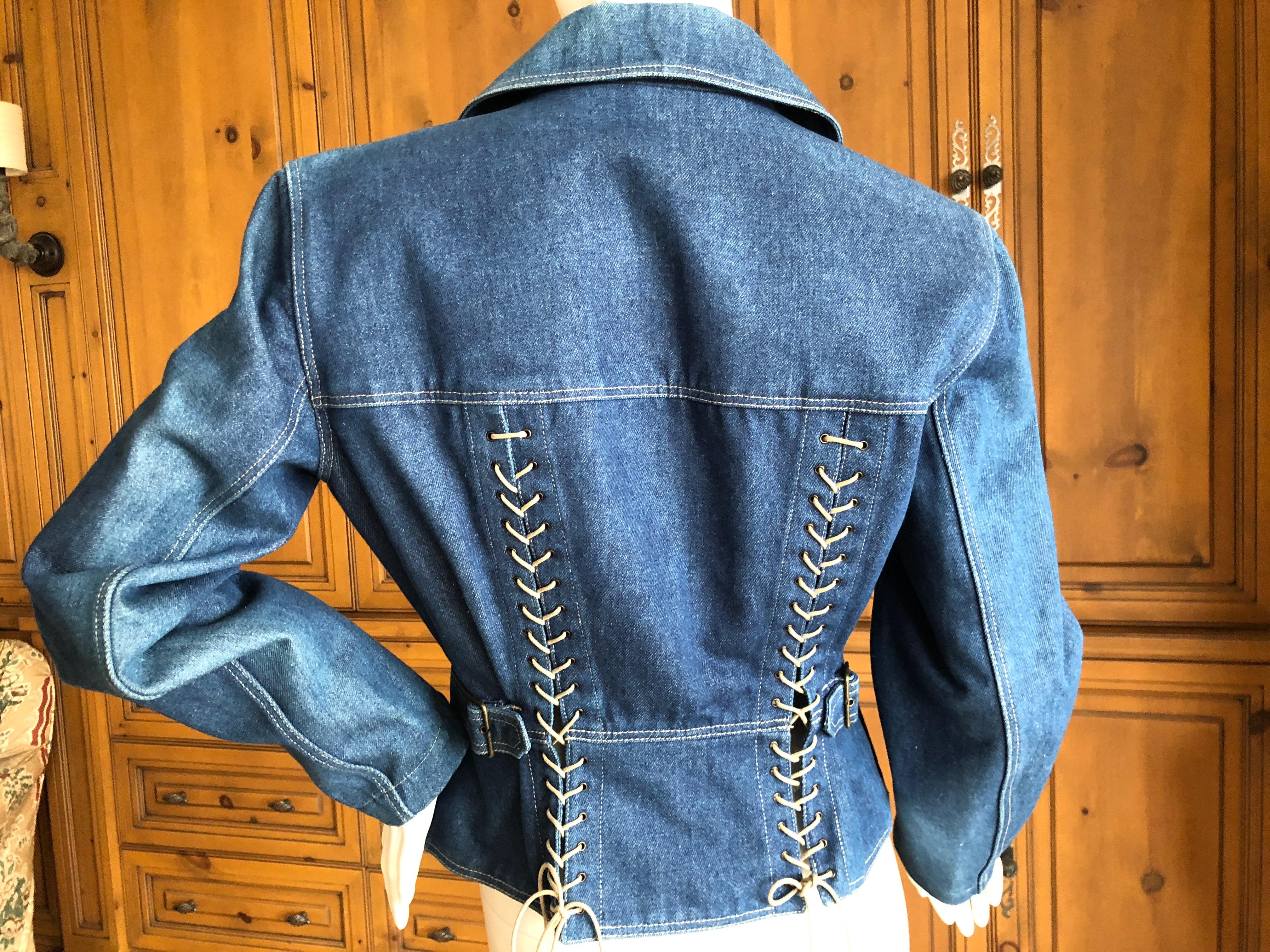 Azzedine Alaia Pristine 1984 Corset Lace Double Breasted Denim Blue Jean Jacket In New Condition For Sale In Cloverdale, CA