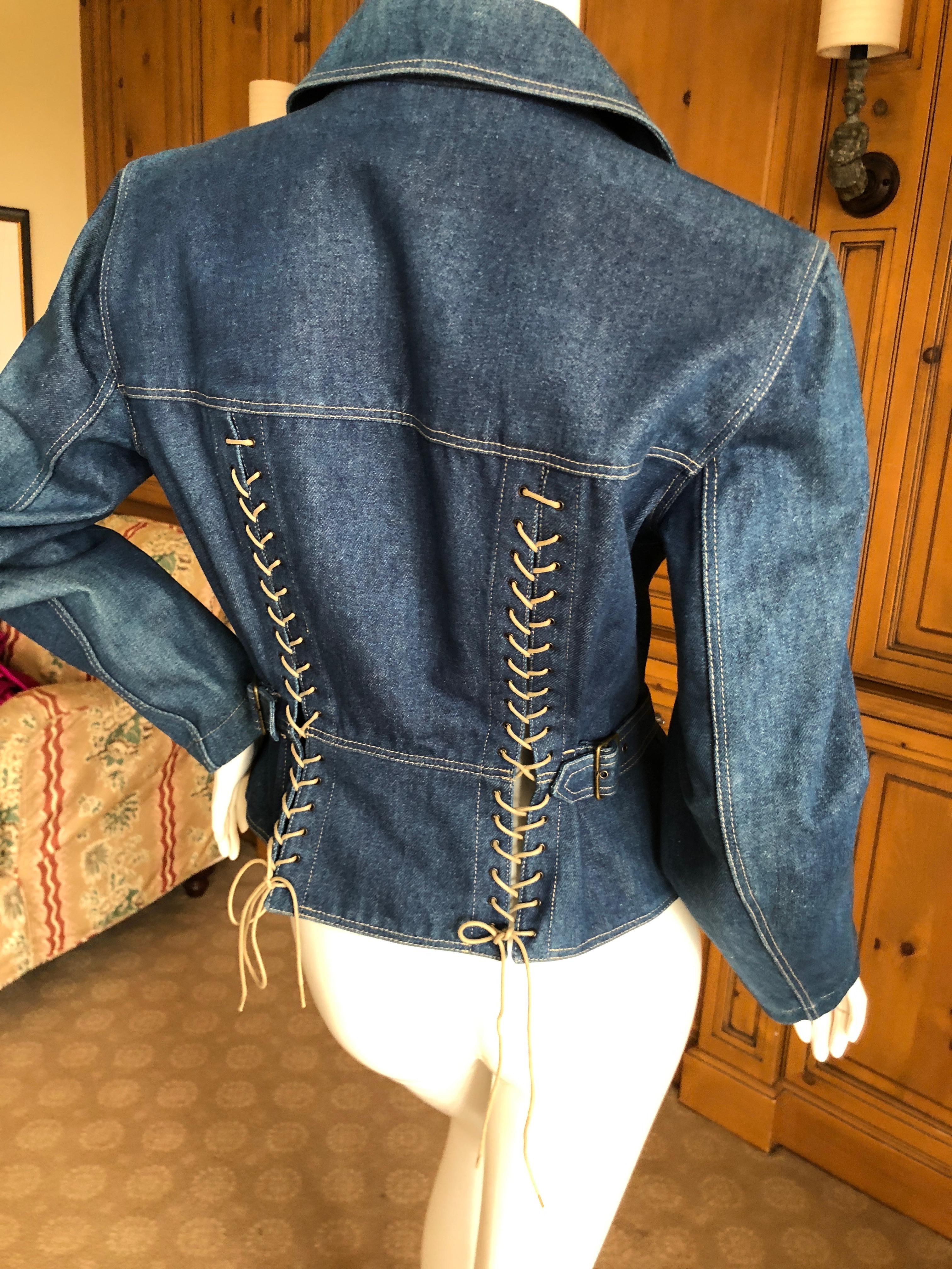 Women's Azzedine Alaia Pristine 1984 Corset Lace Double Breasted Denim Blue Jean Jacket For Sale