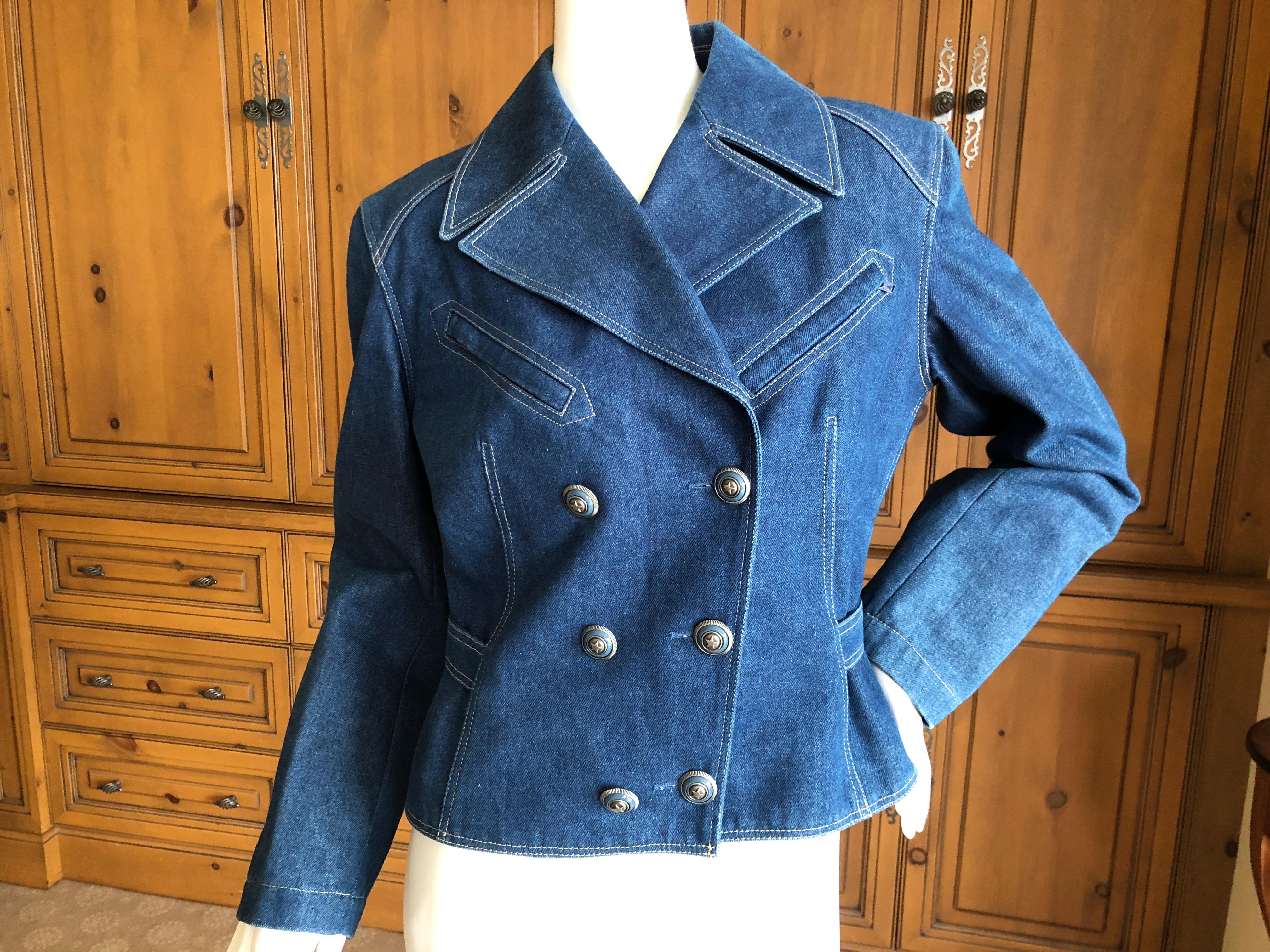 Azzedine Alaia Pristine 1984 Corset Lace Double Breasted Denim Blue Jean Jacket For Sale 2