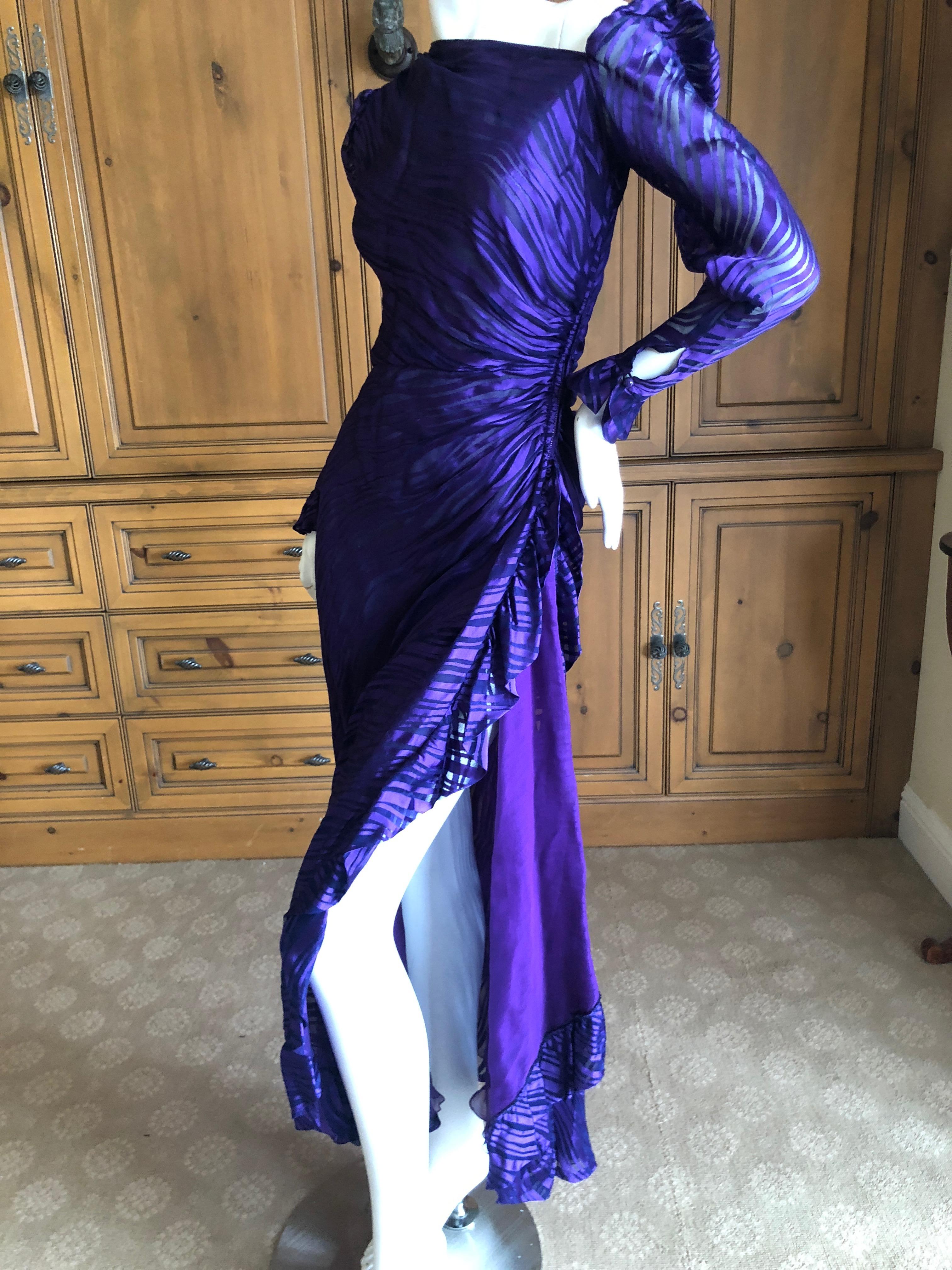 Yves Saint Laurent Rive Gauche 1976 Sheer Purple Silk One Shoulder Evening Dress 
So delightfully French. Sheer, but  just a peek of skin.
No size tag
Appx Size 38-40
Bust 40