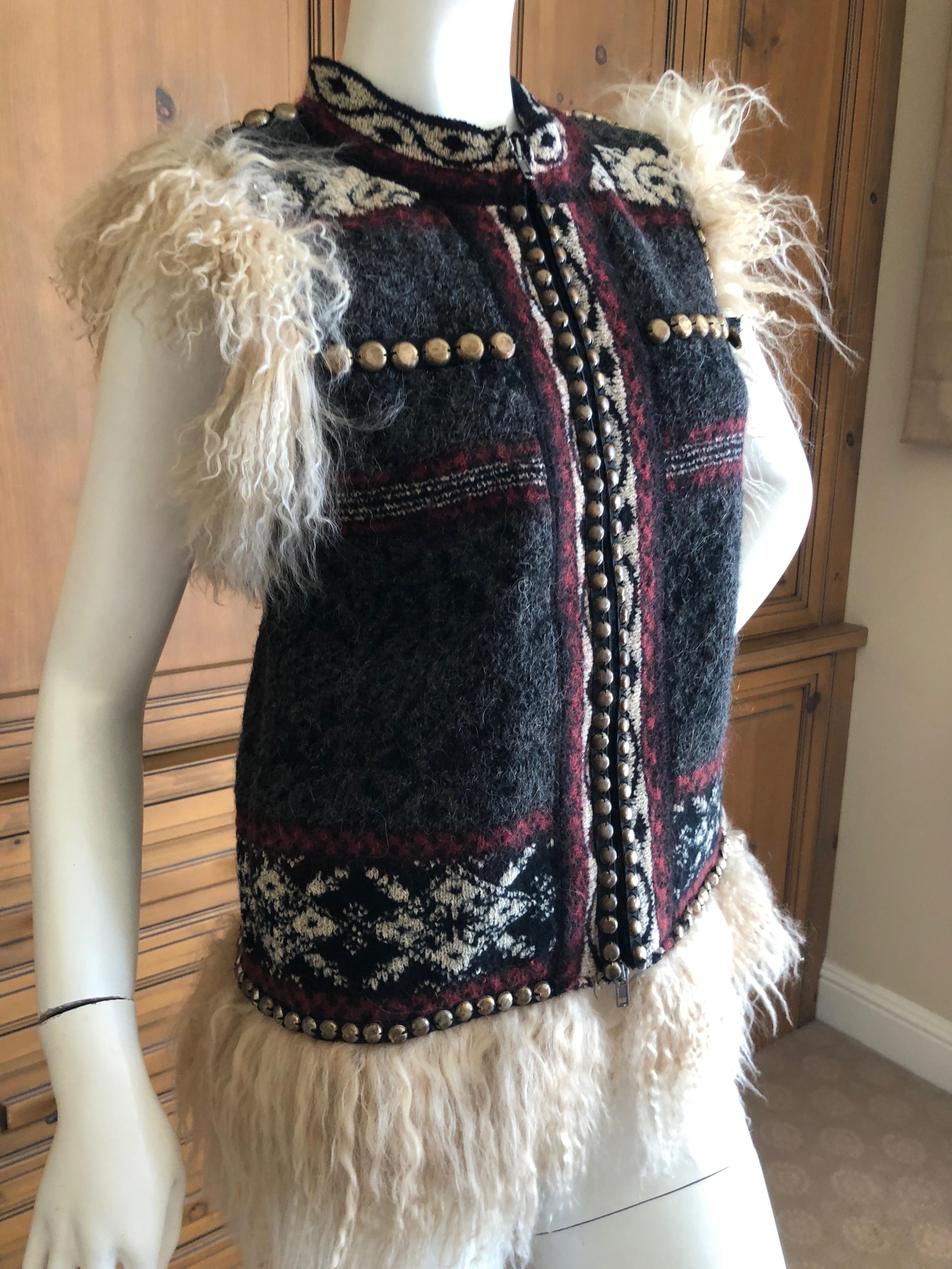 Jean Paul Gaultier Maille Femme Studded Boho Ethnic Vest with Curly Lamb Trim In Excellent Condition For Sale In Cloverdale, CA