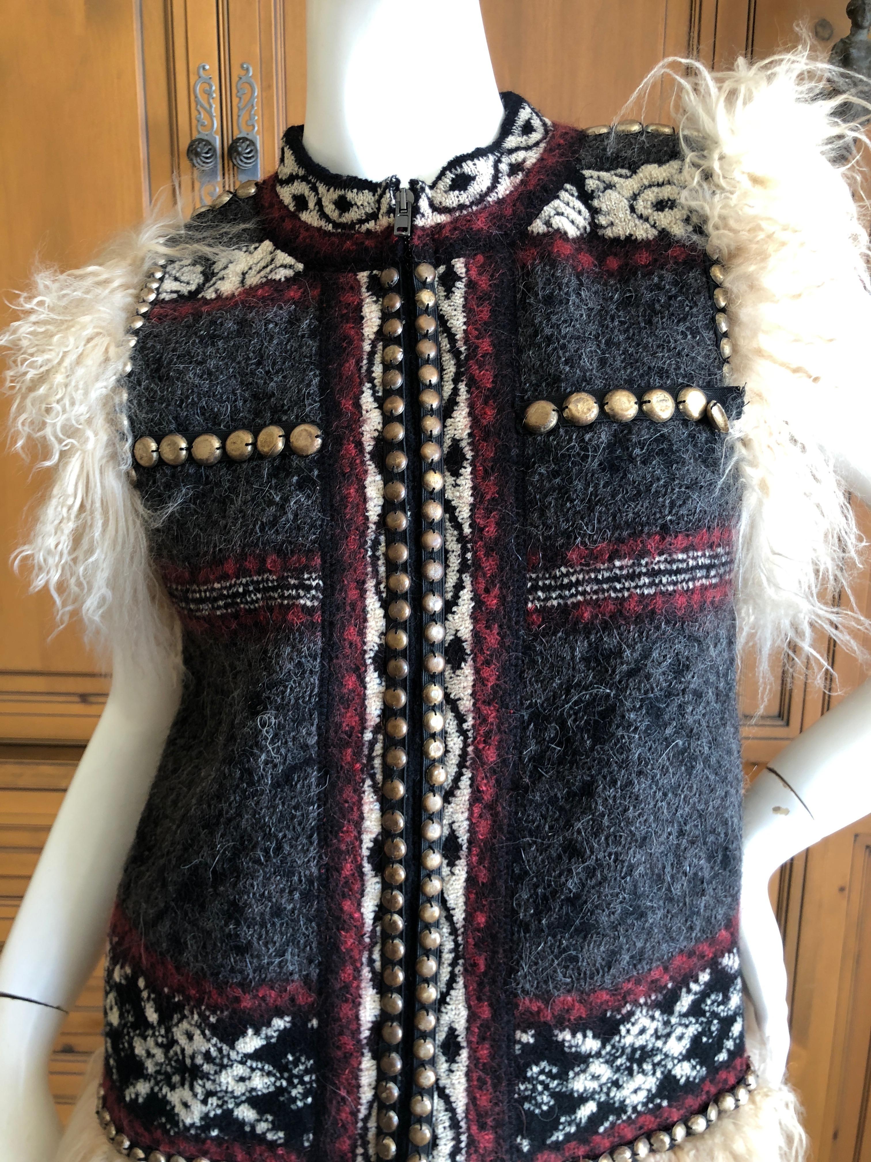 Women's or Men's Jean Paul Gaultier Maille Femme Studded Boho Ethnic Vest with Curly Lamb Trim For Sale