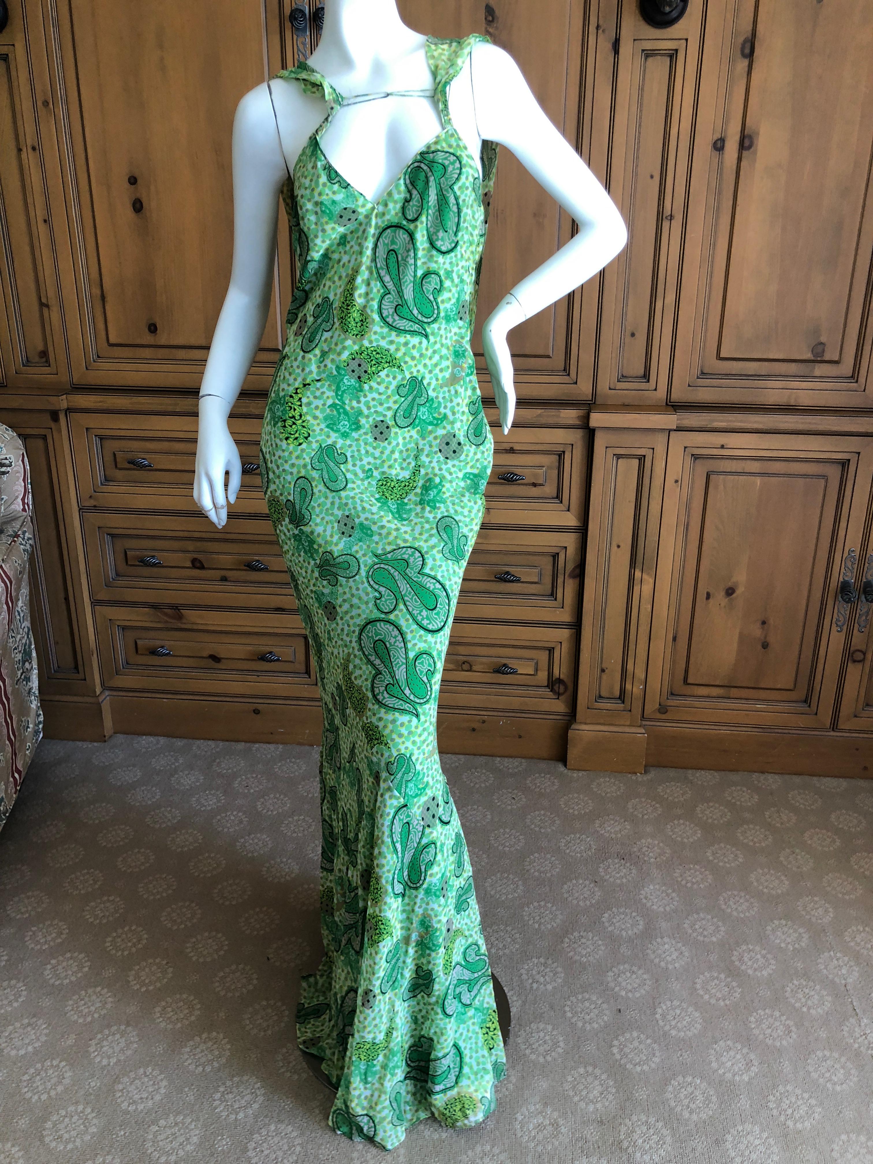  John Galliano Vintage Green Silk Paisley Ruffled Evening Dress with Cowl Back.
Please use the zoom feature to see the details.
Size 42
 Bust 36