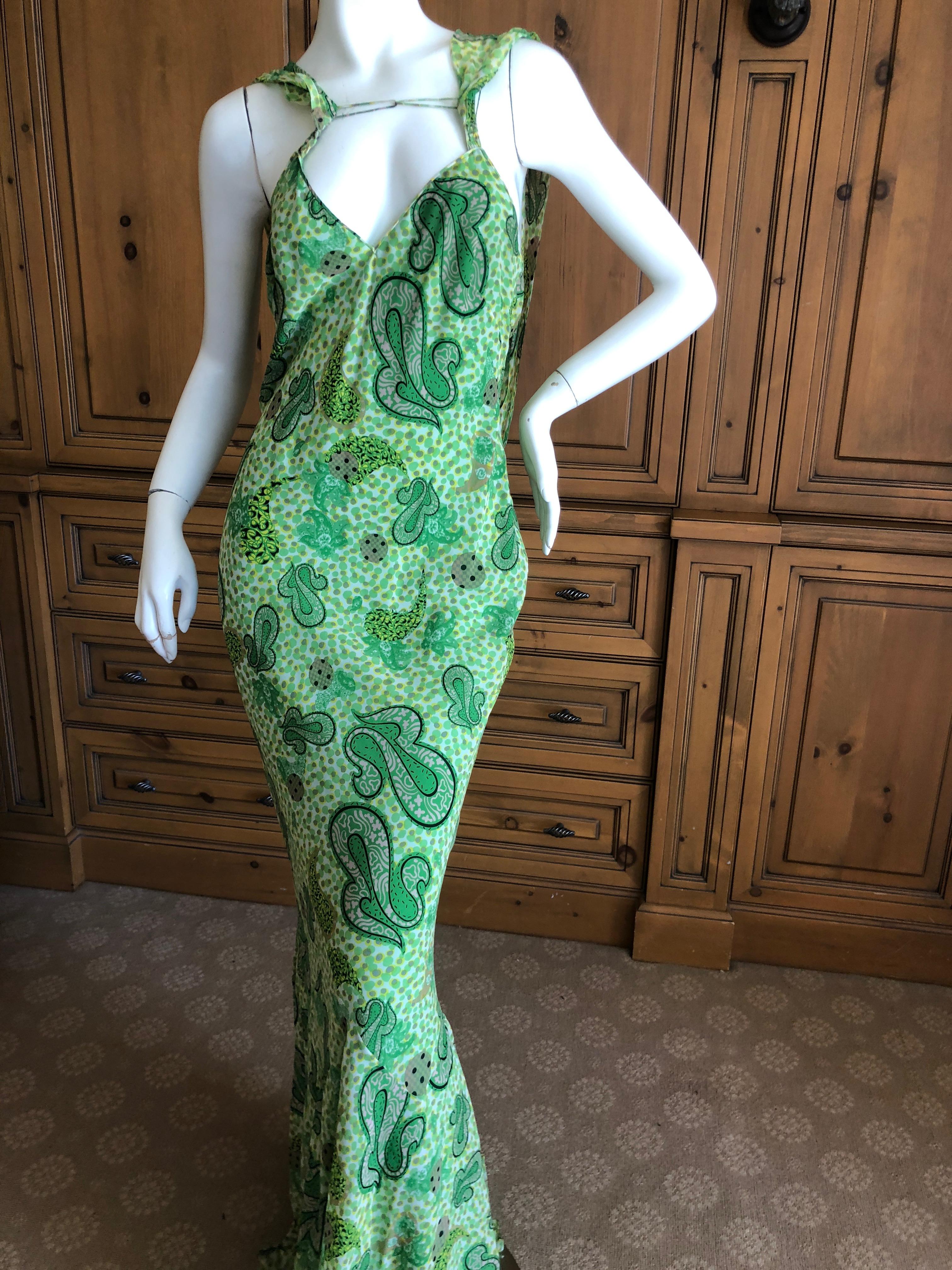  John Galliano 2002 Green Silk Paisley Ruffled Evening Dress with Low Cowl Back In Excellent Condition For Sale In Cloverdale, CA