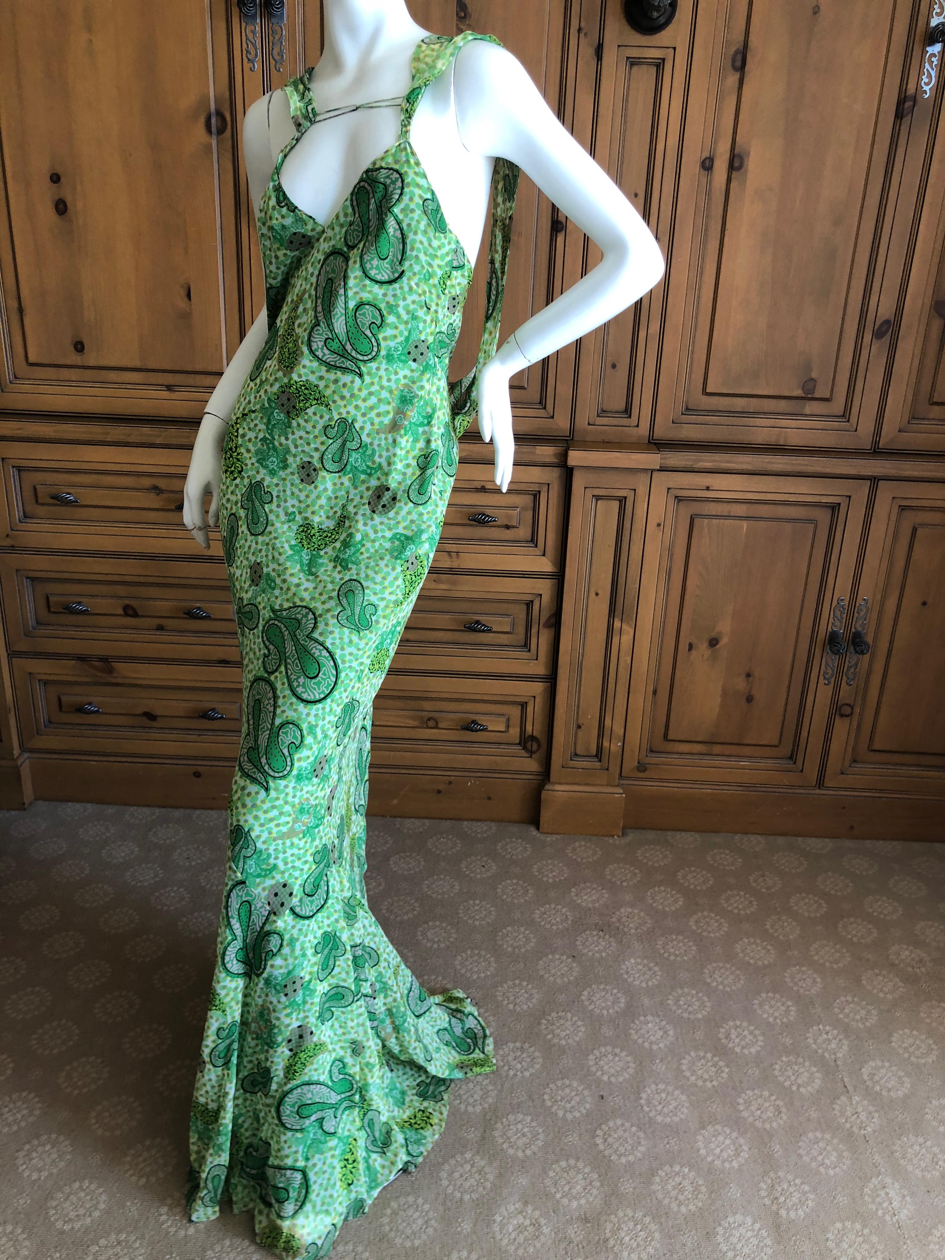 Women's  John Galliano 2002 Green Silk Paisley Ruffled Evening Dress with Low Cowl Back For Sale