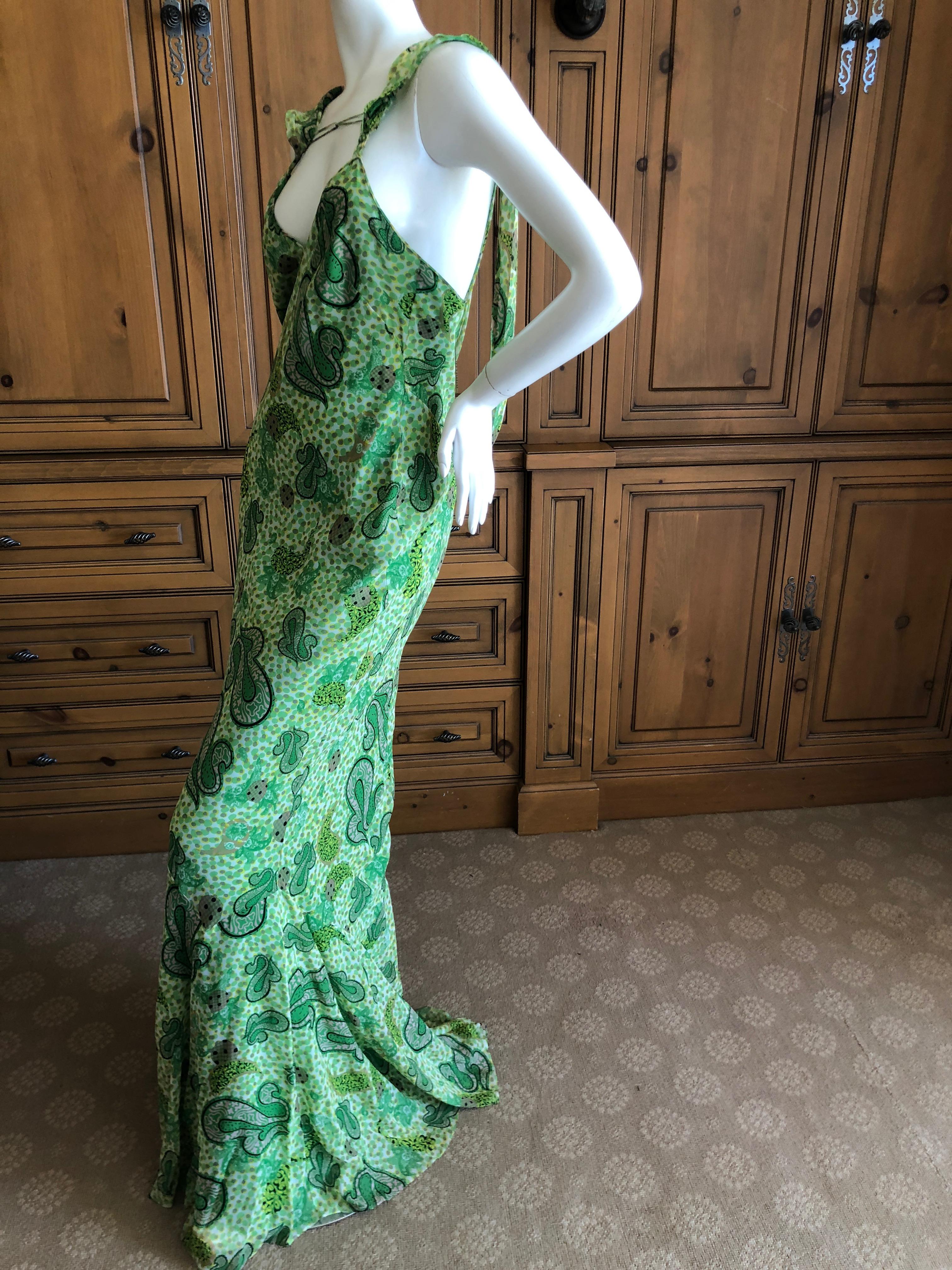  John Galliano 2002 Green Silk Paisley Ruffled Evening Dress with Low Cowl Back For Sale 1