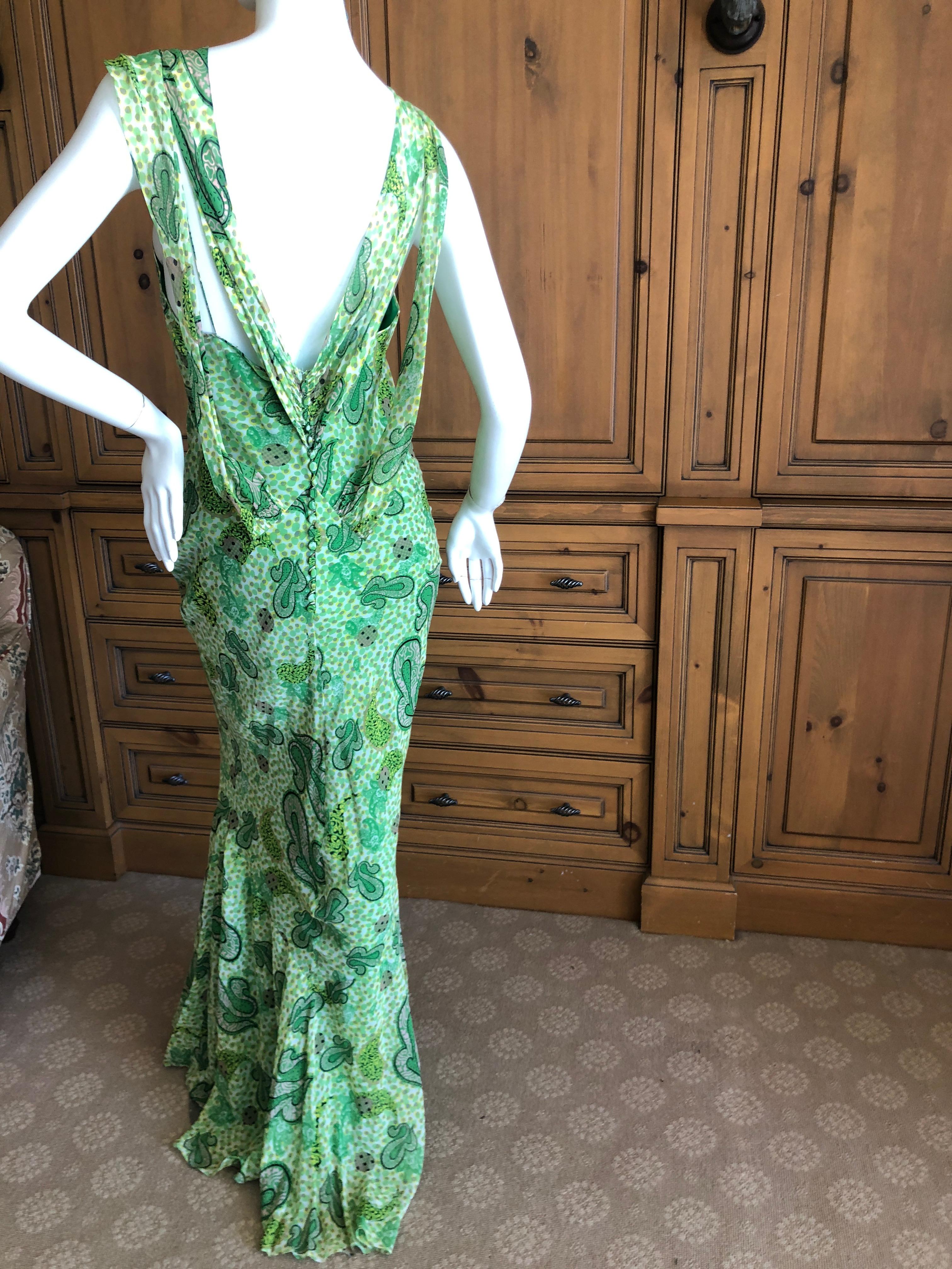  John Galliano 2002 Green Silk Paisley Ruffled Evening Dress with Low Cowl Back For Sale 2